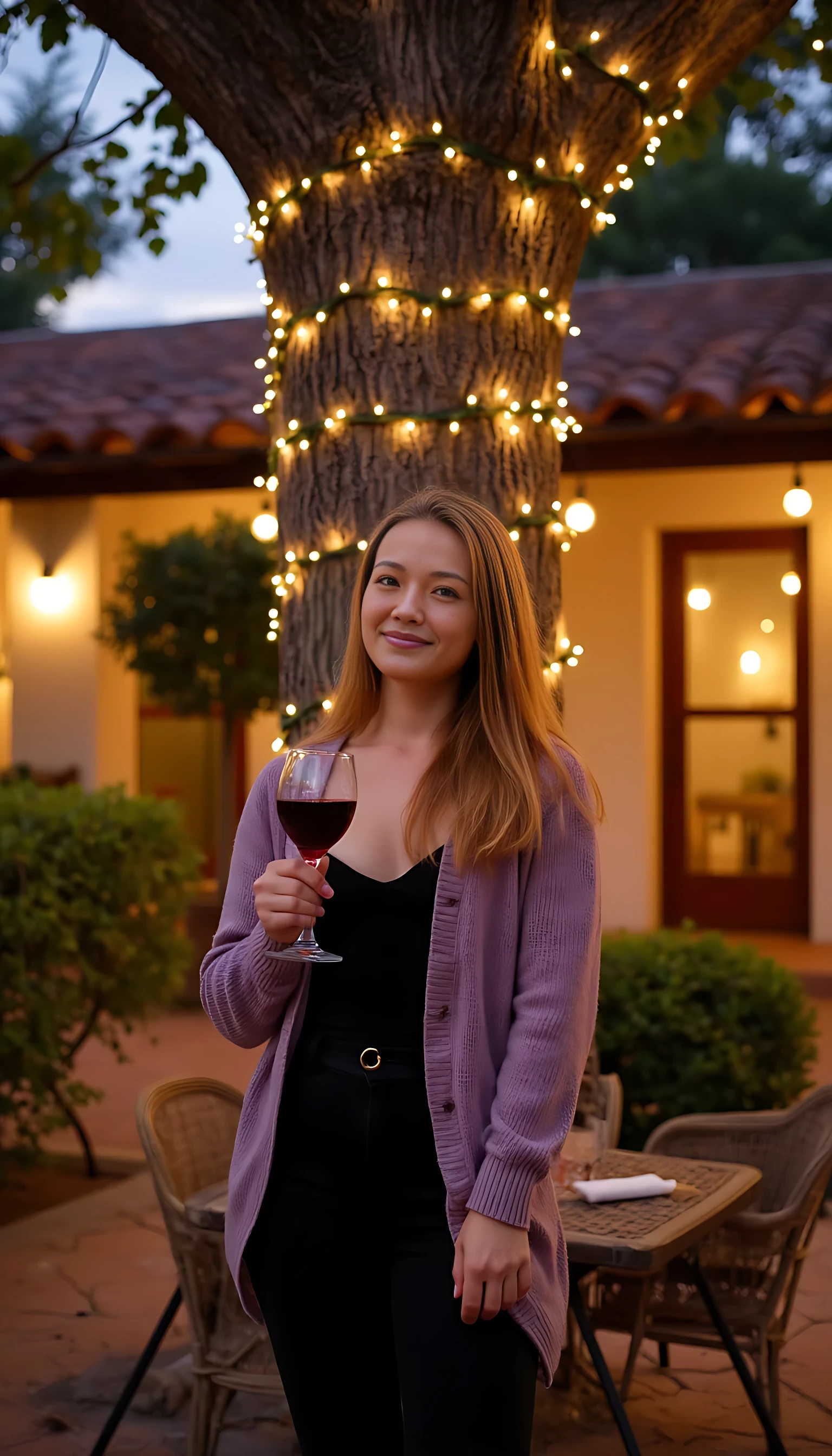 A full body shot photo of a woman standing outdoors at a cozy, warmly lit patio in the evening, with soft, glowing lights wrapped around a tree behind them creating a charming atmosphere. The image is rich in detail, with warm tones and clear textures throughout. The woman has fair skin, a slim build, and long reddish-blonde hair, also worn loose. She is smiling warmly at the camera, holding a glass of red wine in her right hand, and wears a soft-textured lavender cardigan over a black top. The background features a large tree with sparkling string lights wrapped around its trunk and branches, adding a magical touch to the scene. The setting suggests a private outdoor seating area, with elements like terracotta-tiled roofing, greenery, and rattan chairs contributing to a serene, inviting vibe. The overall composition is balanced, with the woman framed against the softly glowing tree, and the lighting enhances the warm, intimate feel of a quiet evening shared among friends. The details are vivid, with textures of clothing, skin, and background elements clearly visible, while the warm lighting creates a relaxed and joyful mood