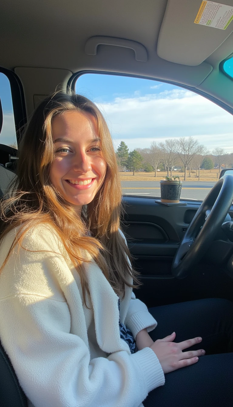 boring low quality snapchat photo circa 2015, A young woman with a warm smile, sitting in the driver's seat of a cozy car. She has soft, wavy brown hair cascading past her shoulders. The sunlight streams through the window, casting a gentle glow on her face. The interior of the car is neat and comfortable, with a coffee cup in the cup holder and a small plant on the dashboard. The background outside the window shows a scenic road lined with trees and blue skies