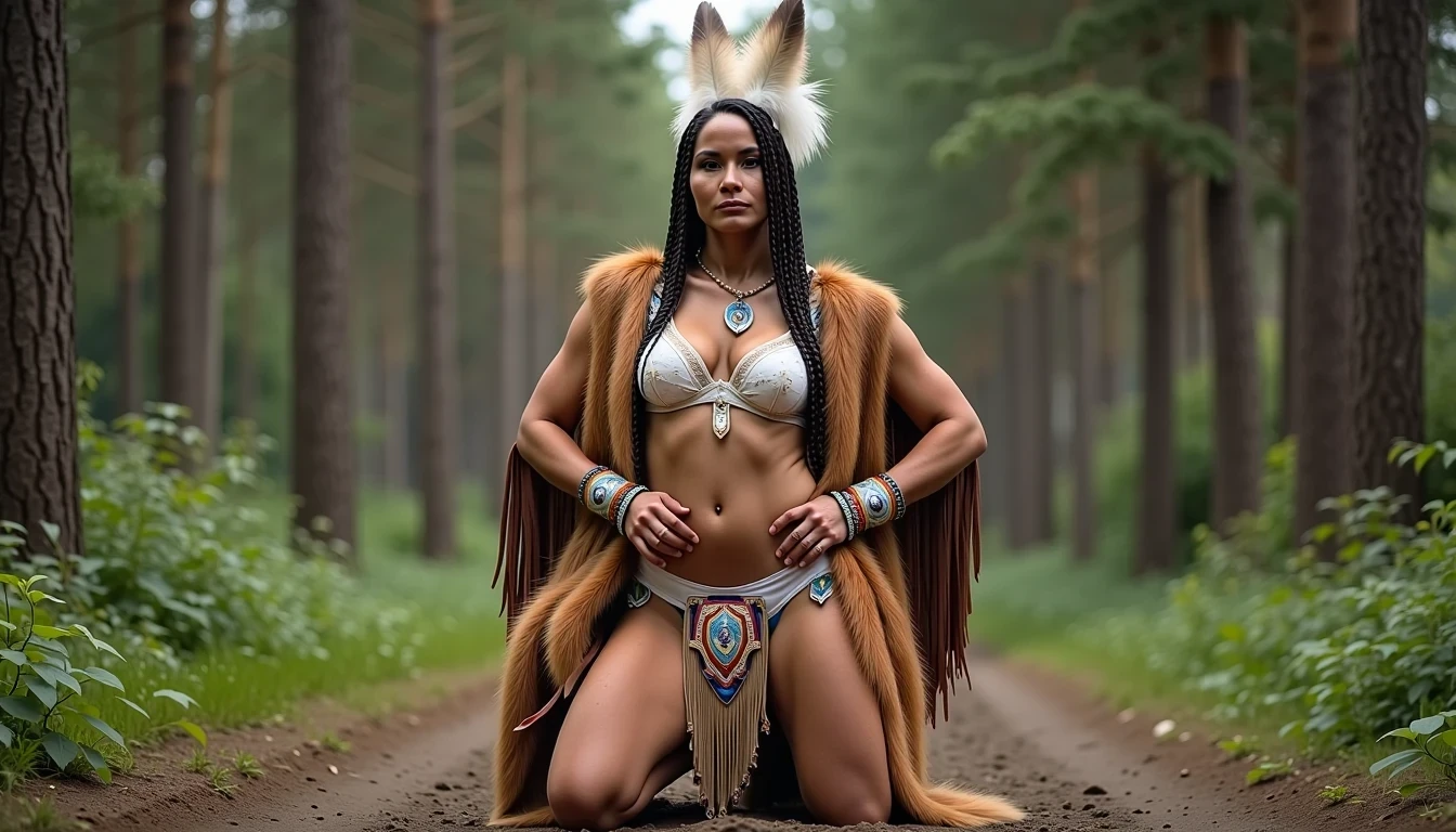 photo of woman CSTMDL, a medium shot photo of, a slim woman, her full body is in the scene, she has a slender petite build with petite small boobs and a flat chest, she has small dark skin nipples with long pointy nipple ducts and small dark skinned areolas, her hair is styled with two long braids she has eagle plumes in her hair, she is not wearing earrings, she is wearing daisy duke denim booty shorts, she is wearing a native American style vest in a golden yellow color over top of her underwear, her vest is open exposing her strapless bra, her bra is a strapless white lace bra, she is wearing white lace panties, she is wearing ankle height smoked hide moccasins, natural lighting, natural light, amateur photography, shot on an iPhone, she is standing with her legs spread wide apart in a densely wooded forest, she is maintaining intense eye contact with the camera, there is a giant native American fat man twice her height kneeling directly behind her holding onto gripping the woman's waistline, the man is holding her in front of him, the man is a real giant twice the height of an average male, public setting, Hyper realism, ultra-sharp focus, highly detailed, natural lighting, natural light, amateur photography,
