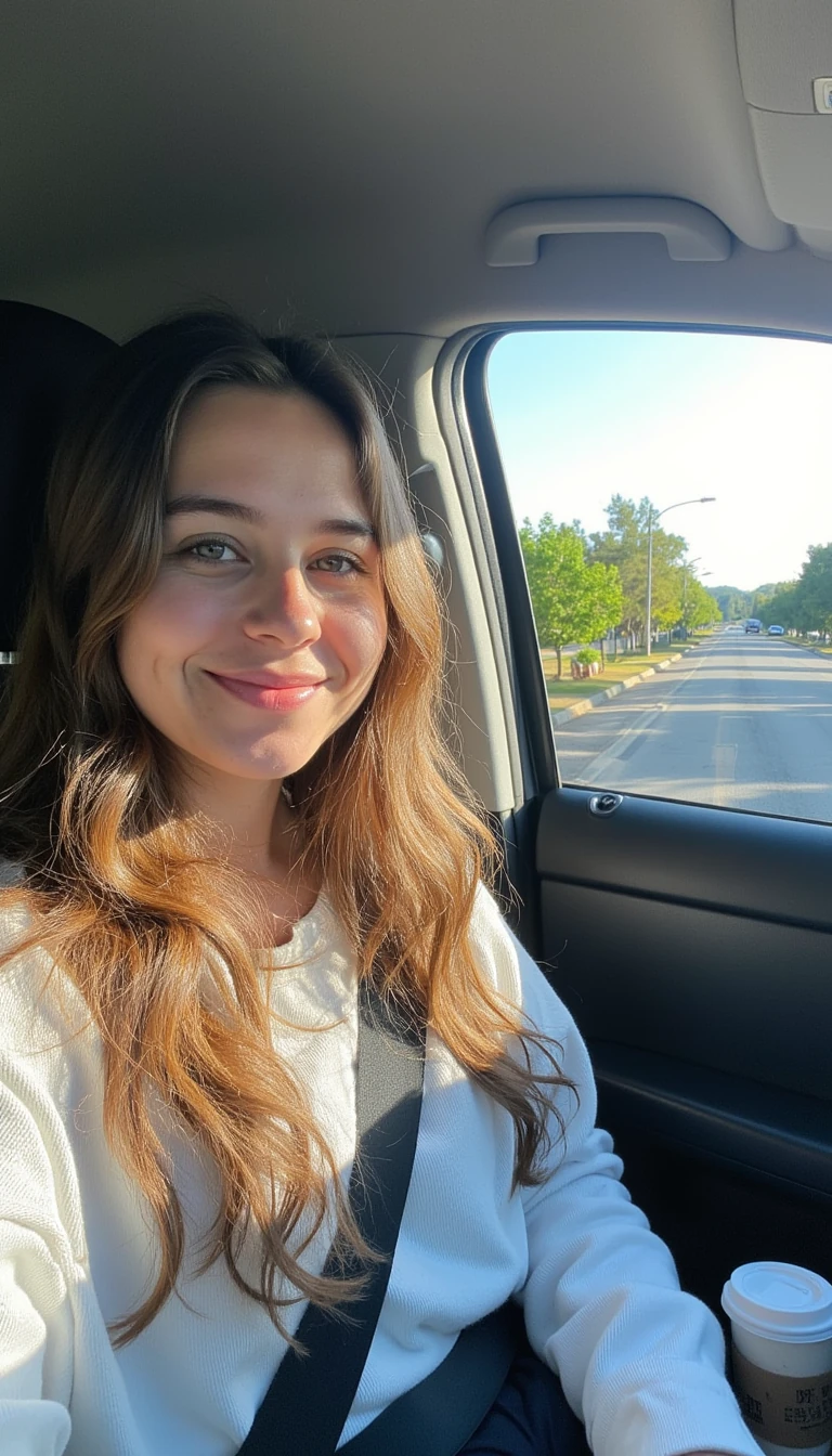 boring low quality snapchat photo circa 2015, A young woman with a warm smile, sitting in the driver's seat of a cozy car. She has soft, wavy brown hair cascading past her shoulders. The sunlight streams through the window, casting a gentle glow on her face. The interior of the car is neat and comfortable, with a coffee cup in the cup holder and a small plant on the dashboard. The background outside the window shows a scenic road lined with trees and blue skies