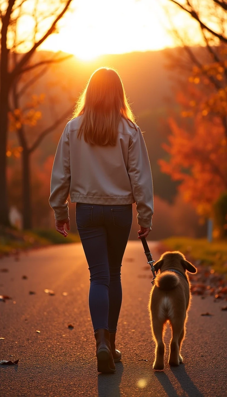 Young woman with soft light brown hair, seen in full body, walking outdoors with her dog on a scenic trail during autumn. She’s dressed in casual, comfortable clothing, with a cozy jacket and boots. The sun is low in the sky, casting a warm golden glow over her and her dog as they walk side by side, surrounded by fallen leaves and trees with vibrant orange and red foliage. Her dog, happily trotting along on a leash, looks up at her. The scene is peaceful and captures the joy of a simple outdoor walk with her loyal companion
