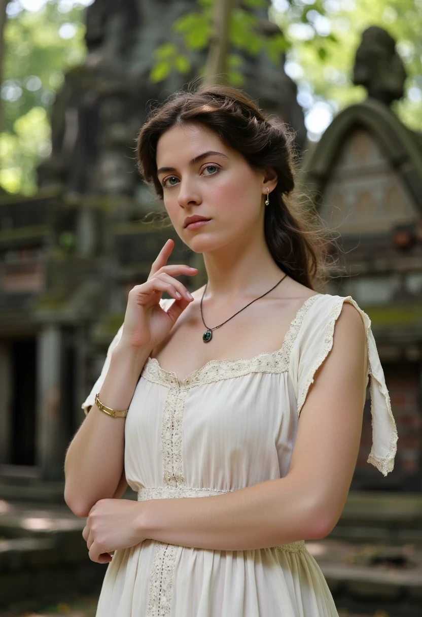 Medium shot of woman CSTMDL, brunette, small pendant, no watch, no ring, hair tied, blue eyes, vintage early 1900 white dress. Her dress is covering and chaste but reveals and highlights her very sexy and feminine curves. her hands are delicately crossed on her lower abdomen.
She’s working as an archaeologist at Angkor temple. Khmer ruins in the jungle are in the background 