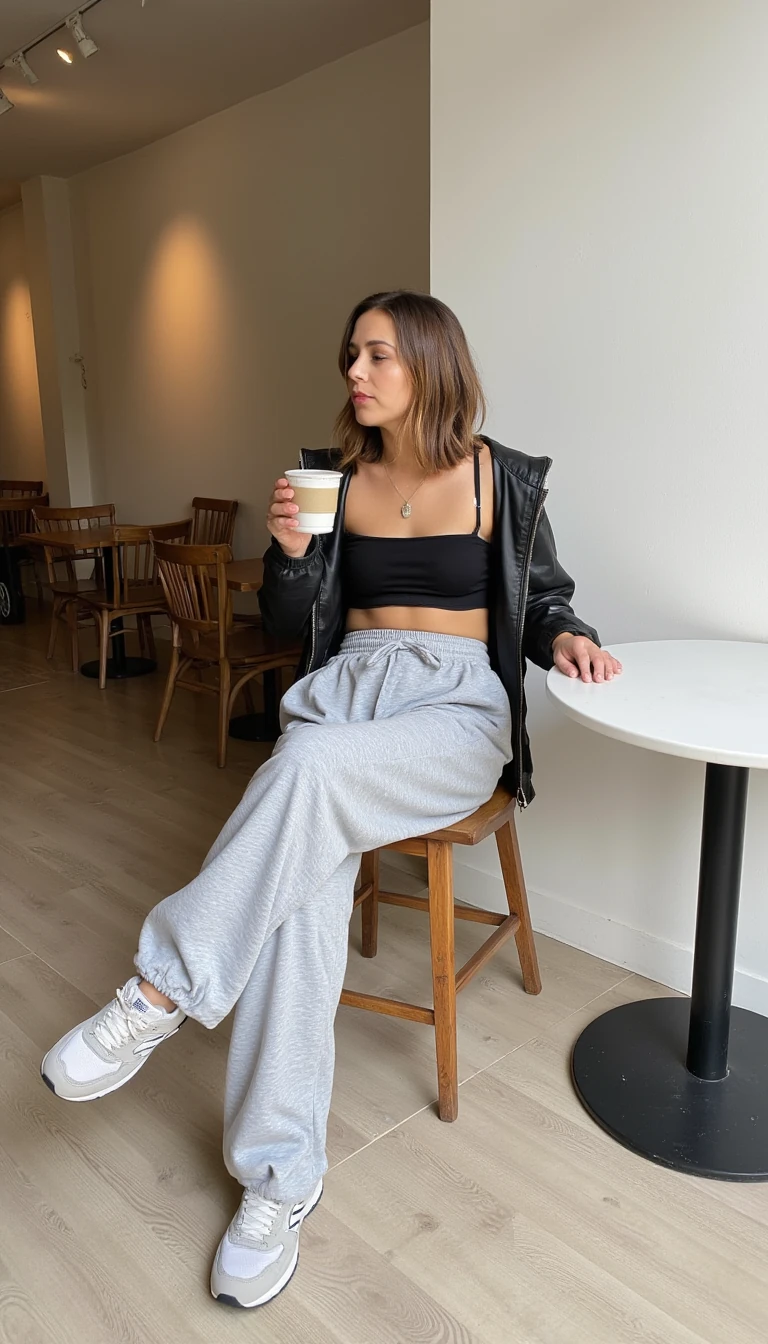 Show Beth in a biouji coffee bar in manchester with a latte in hand.  The coffee bar has a simple Scandinavian asthetic. shes wearing grey joggin pants and a bra top, her left leg is half resting on the chair with he other foot on the floor, shes wearing New Balance trainers, she has light makeup on
