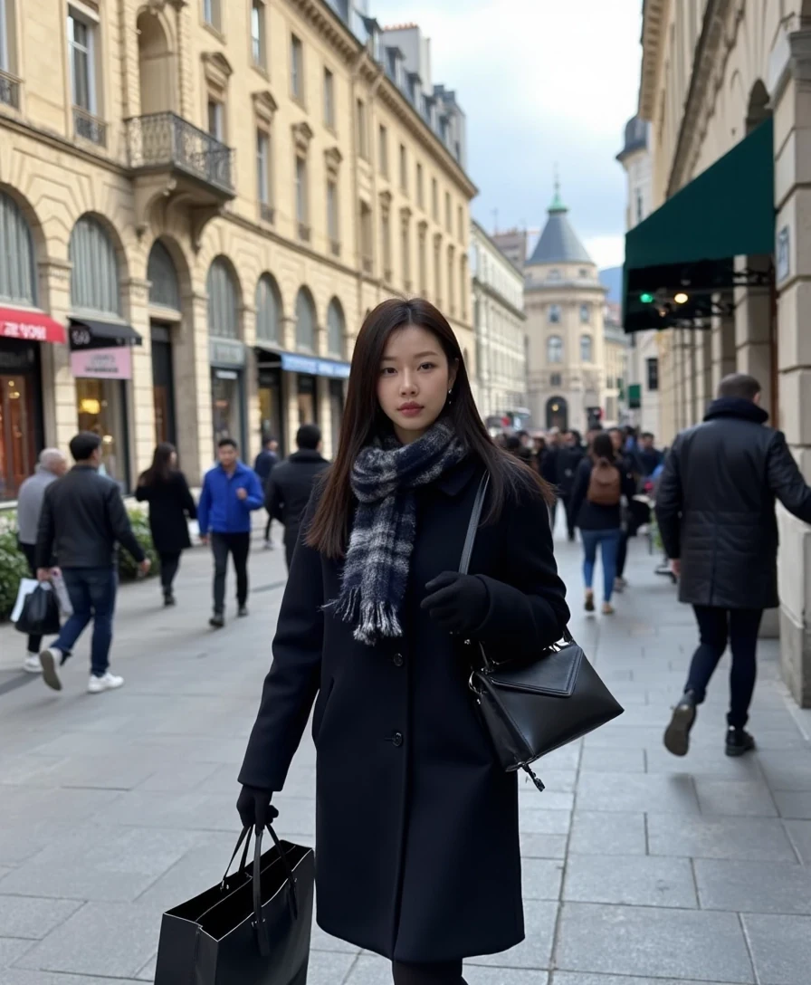 boring, medium shot on an iphone 16 pro. A young Korean woman walking down Avenue Montaigne in Paris, dressed warmly yet stylishly. cloudy weather, overcast cold weather. She wears a luxurious black coat, perhaps made of wool or cashmere, paired with a chic scarf and gloves. She carries several shopping bags from the high-end boutiques, exuding both confidence and sophistication. Parisian architecture and the sunlight reflect the glamour of the scene. medium shot on an iphone 16 pro