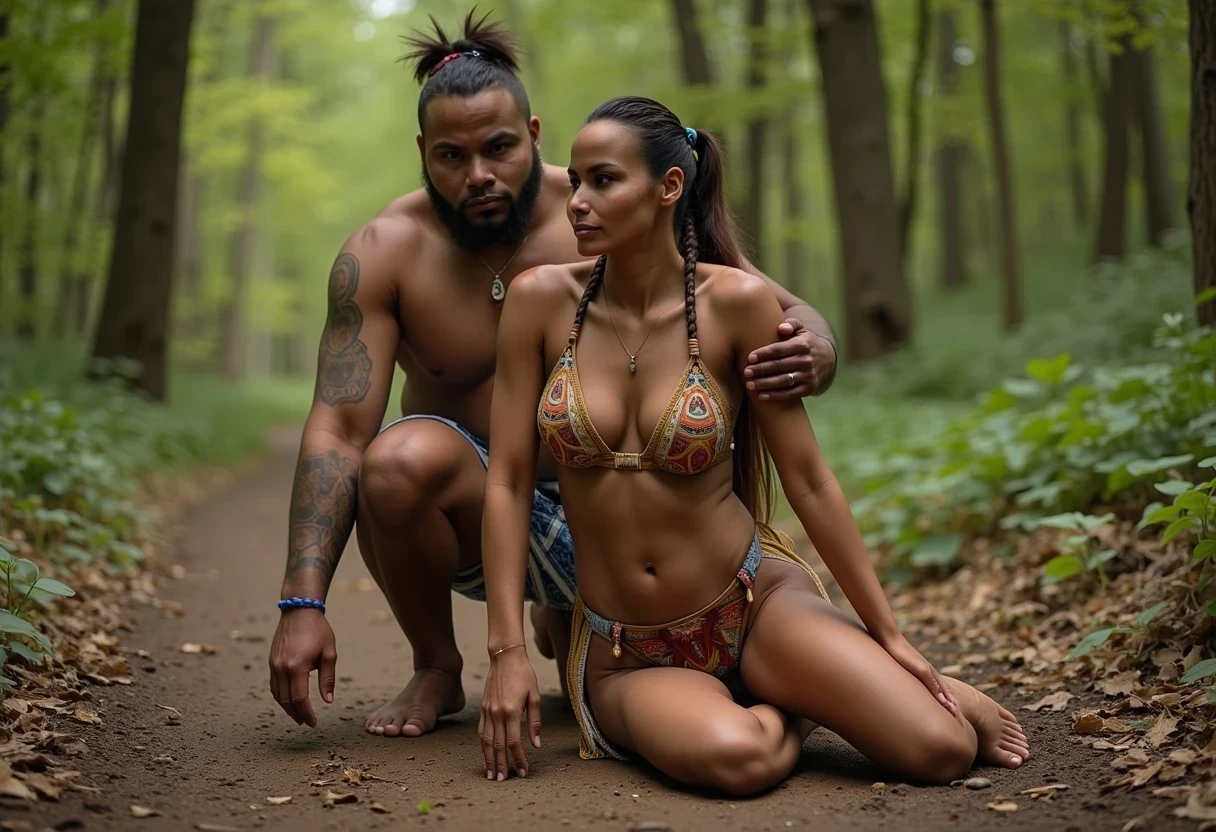 A medium shot photo of woman CSTMDL, a 25-year-old native American woman. The woman who is Native American in appearance has light tan skin tone, she is tall with a petite slender skinny build, petite small boobs, flat chest, her nipples are small petite and dark skinned with long hard pointy nipple ducts that visiblly poke through her bra. She is wearing her hair in a native American style with 2 long braids. She is wearing a sexy native American outfit, in a wooded area she is kneeling bent forward posing seductively on the ground with legs spread wide apart towards the camera and her butt lifted up. A solo fat obese native American man crouches directly behind her with his crotch against her butt, She is maintaining intense eye contact with the camera staring stoically without any other expression at all. The composition captures a casual, candid moment, romantic setting, Hyper realism, captured with a nikon d850, 16k, uhd, ultra-sharp focus, depth of field, perfect meshes and textures, highly detailed, highly accurate reflections, volumetric fog, volumetric lighting, volumetric light, hdr, ray tracing, cinematic shooting style,