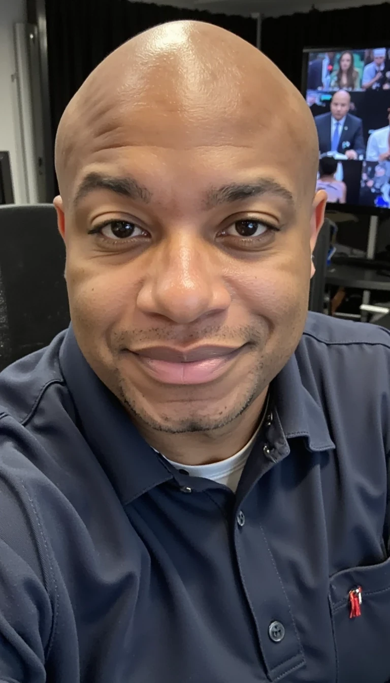 Human filter ,zoomed out , collared shirt, in tv studio  with crew and same face of Carter with bald head, real and younger look, cstmdl