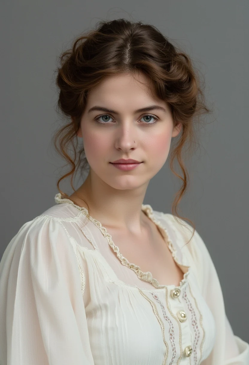 photo of woman CSTMDL, brunette, blue eyes, cold smile, 1900 white clothes, tied hair, medium shot photo