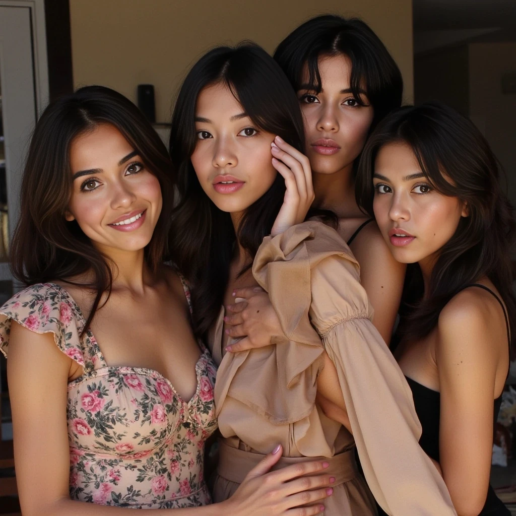 boring low quality snapchat photo circa 2015, four look alikes of her together all brunettes with identical  features

Use realistic facial features, natural body proportions, glowing ambient light, real floral textures, and authentic framing. Avoid distortion, overly posed angles, or artificial enhancement.