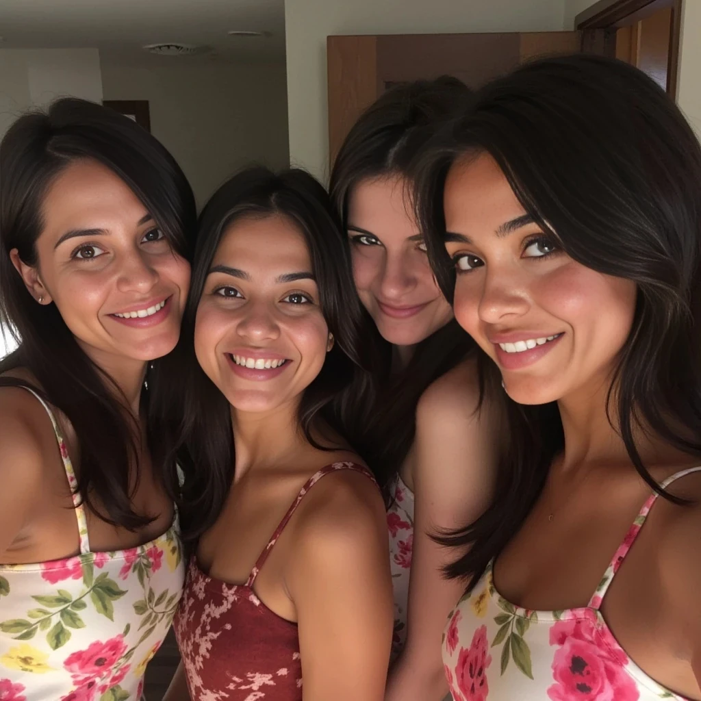 boring low quality snapchat photo circa 2015, four look alikes of her together all brunettes with identical  features

Use realistic facial features, natural body proportions, glowing ambient light, real floral textures, and authentic framing. Avoid distortion, overly posed angles, or artificial enhancement.