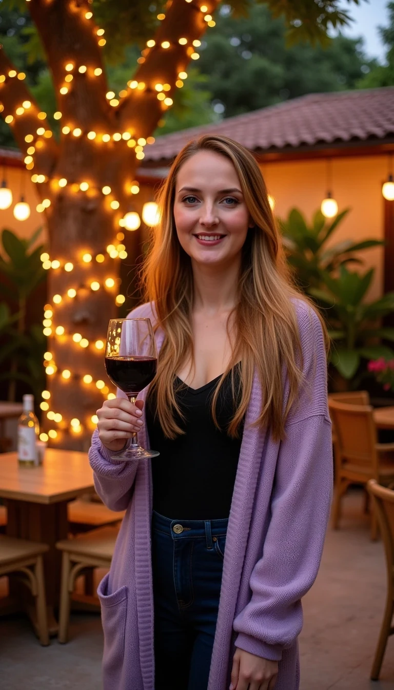 A full body shot photo of a woman standing outdoors at a cozy, warmly lit patio in the evening, with soft, glowing lights wrapped around a tree behind them creating a charming atmosphere. The image is rich in detail, with warm tones and clear textures throughout. The woman has fair skin, a slim build, and long reddish-blonde hair, also worn loose. She is smiling warmly at the camera, holding a glass of red wine in her right hand, and wears a soft-textured lavender cardigan over a black top. The background features a large tree with sparkling string lights wrapped around its trunk and branches, adding a magical touch to the scene. The setting suggests a private outdoor seating area, with elements like terracotta-tiled roofing, greenery, and rattan chairs contributing to a serene, inviting vibe. The overall composition is balanced, with the woman framed against the softly glowing tree, and the lighting enhances the warm, intimate feel of a quiet evening shared among friends. The details are vivid, with textures of clothing, skin, and background elements clearly visible, while the warm lighting creates a relaxed and joyful mood