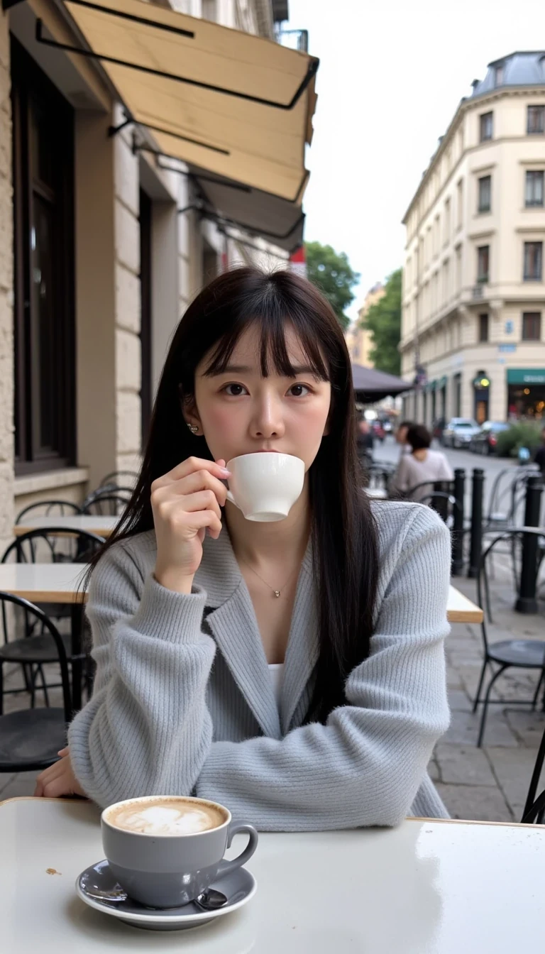 A young Asian woman sitting at a café terrace in Paris, sipping a cup of coffee. She is casually dressed, with a relaxed and content expression, enjoying the ambiance of the city. The background shows a typical Parisian street with café tables, buildings with French architecture. The scene is bathed in soft, natural sunlight, capturing a peaceful and charming Parisian moment