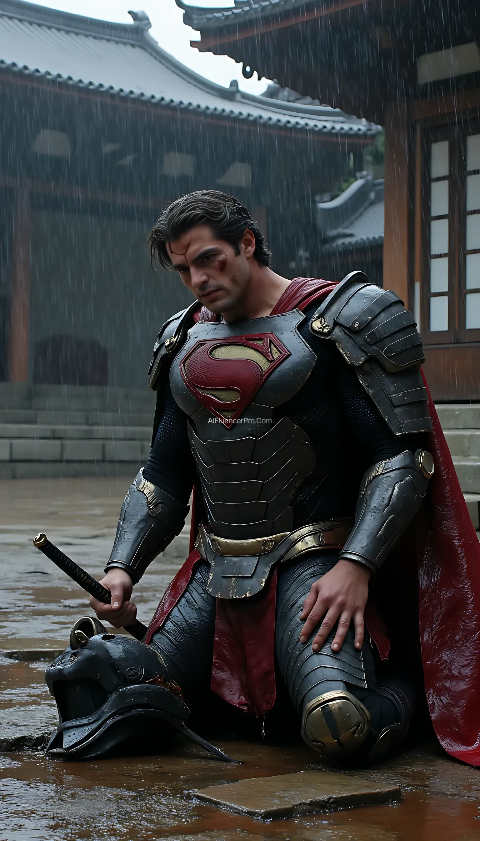 A photorealistic Superman wearing a battle-worn samurai-inspired suit, kneeling in exhaustion after an intense fight. The samurai armor is damaged, with scratches, dents, and torn edges revealing the hardships of battle. The once-pristine metallic plating is smeared with dirt and blood, while the iconic 'S' symbol on his chest remains faintly visible through the grime. His futuristic samurai helmet lies discarded beside him, revealing his disheveled hair and bruised face, marked with determination despite his fatigue. He kneels in a torrential downpour, using his katana to support himself, the blade partially embedded in the wet stone ground. Rain cascades over his battered figure, mixing with blood and mud as it pools around him. The scene is set in an ancient Japanese temple courtyard, shrouded in darkness and lit only by occasional flashes of lightning. Thunder rolls in the distance, adding to the dramatic intensity of the moment as Superman gathers his strength, ready to rise again
