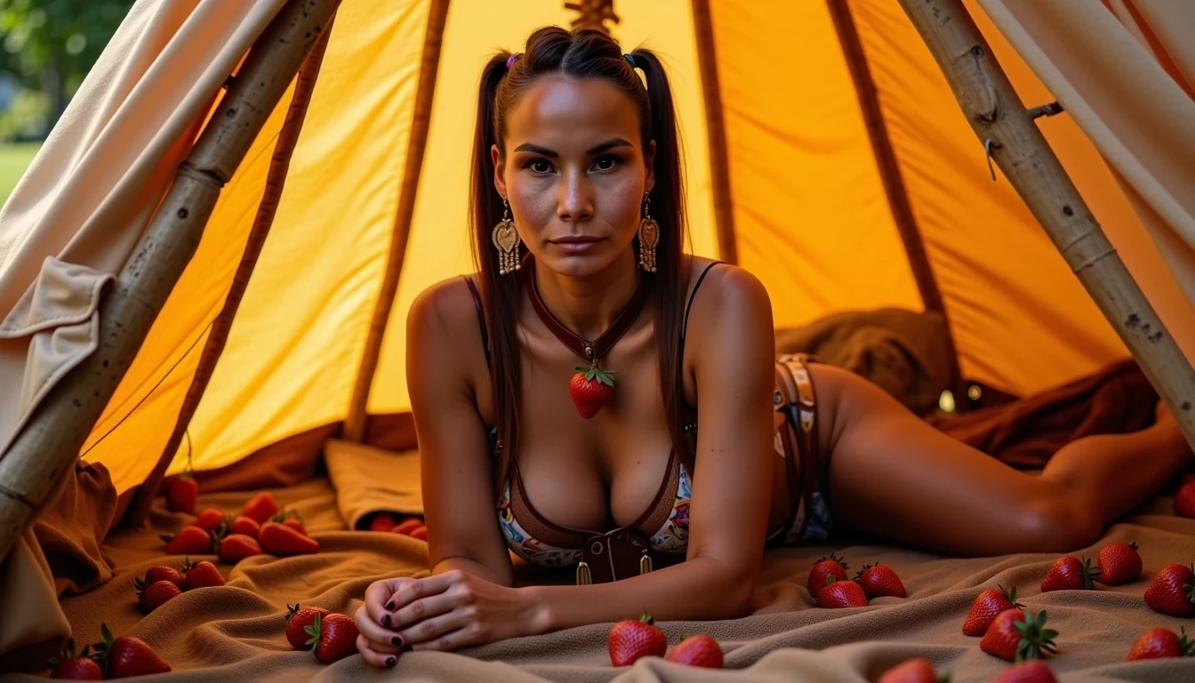 photo of woman CSTMDL, a medium photo of a 25-year-old native American woman. The woman who is Native American in appearance has light tan skin tone, she is tall with a petite slender skinny build, petite small boobs, flat chest, her nipples are small petite and dark skinned with long hard pointy nipple ducts that visiblly poke through her bra. She is wearing her hair in a native American style with 2 long braids. She is wearing real strawberry earrings. She is wearing a wide leather choker with a strawberry hanging from it. She is wearing a top that consists of real strawberries, a strawberry over each breast, they only cover her nipples. She is on all fours on her knees posing seductively on the ground with legs spread wide apart, her pussy towards the camera. She is maintaining intense eye contact with the camera staring stoically without any other expression at all. The composition captures a sensual lustful moment between lovers in a tipi 