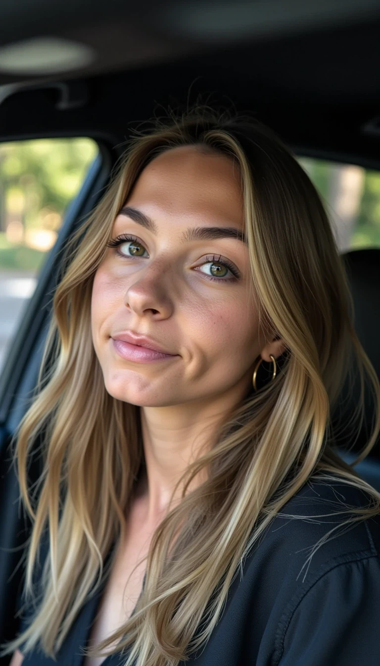 A 23-year-old CSTMDL , natural smile, soft daylight photography inside a car, cinematic lighting, shallow depth of field, photorealistic portrait, ultra-detailed skin texture, 8k DSLR photo.