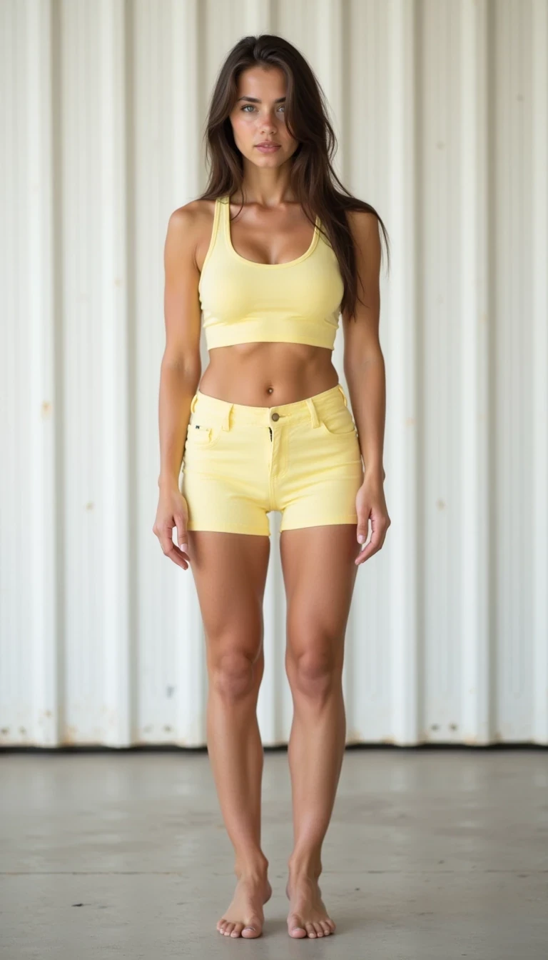 On Flickr in 2007 blog style, Medium shot photo of CSTMDL 18 year old skinny girl standing with weight on one leg and hands at her sides, dressed in a pastel yellow sports bra with massive boobs and matching biker shorts, against the same white corrugated backdrop and floor.