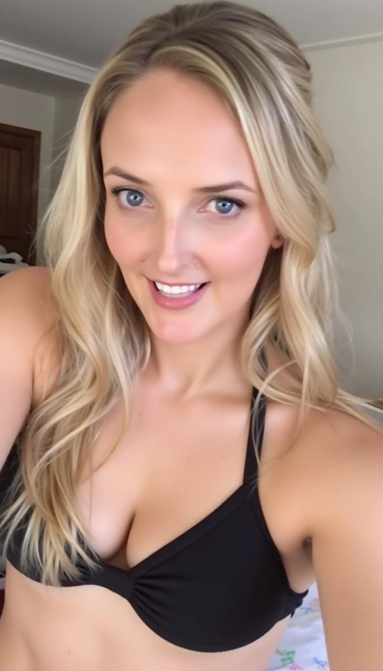 A low-quality Snapchat-style photo of cstmdl from around 2015, wearing a black bikini, blonde hair