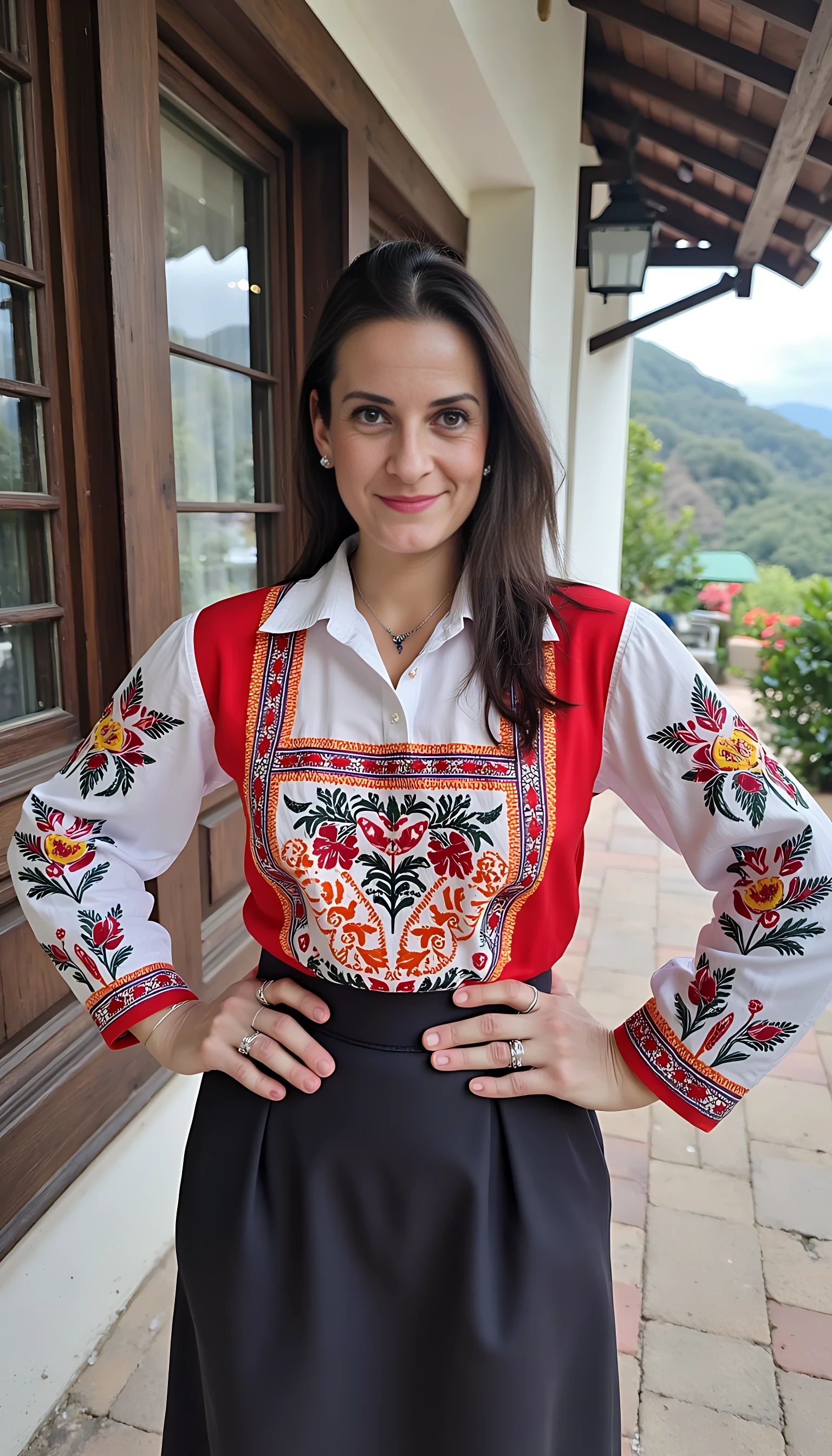 photo of brunette woman CSTMDL shy smile, small puffy saggy tits in turkish historical national costume in turkish village