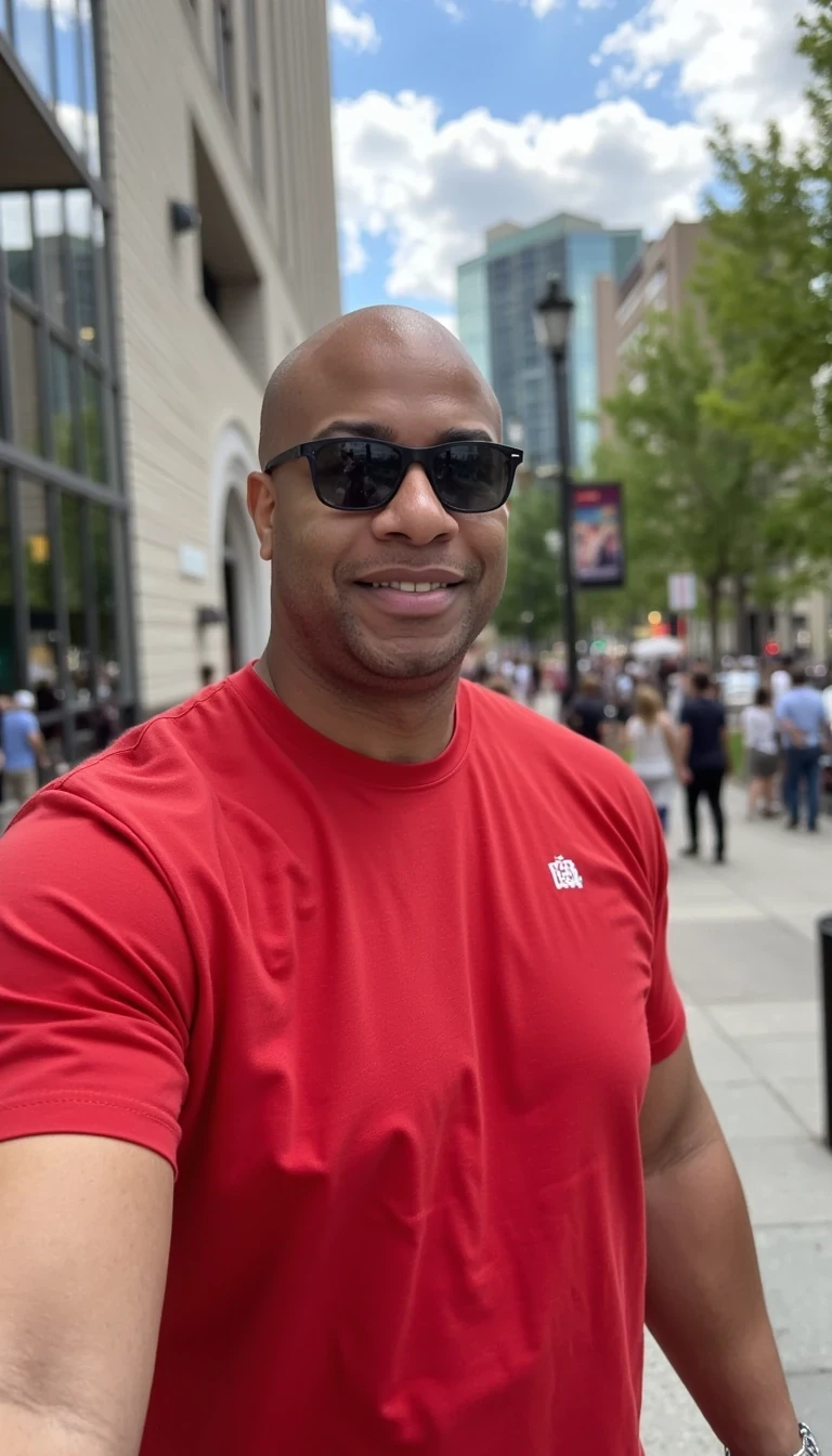 Reality filter , red t shirt, sunglasses, walking around F1,  smiling and same face of Carter with bald head, real look, cstmdl