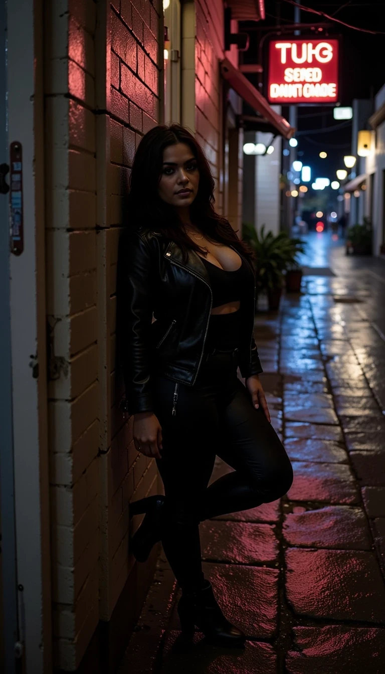 photo of an woman CSTMDL, curvy silhouette, dark wavy hair, wearing a black leather jacket and high-waisted pants, leaning against a dimly alley wall, wet pavement reflecting neon signs, moody night-time atmosphere with soft rain drizzle and distant city lights glowing in the background, edgy and cinematic urban vibe