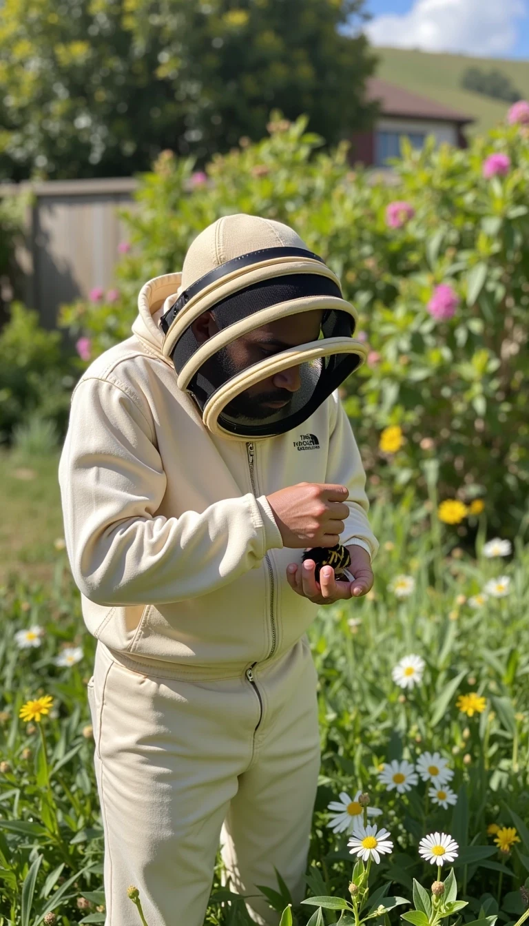 Samuel is outside in the garden. You can clearing see him kissing bees on the mouth. Thousands of bees

