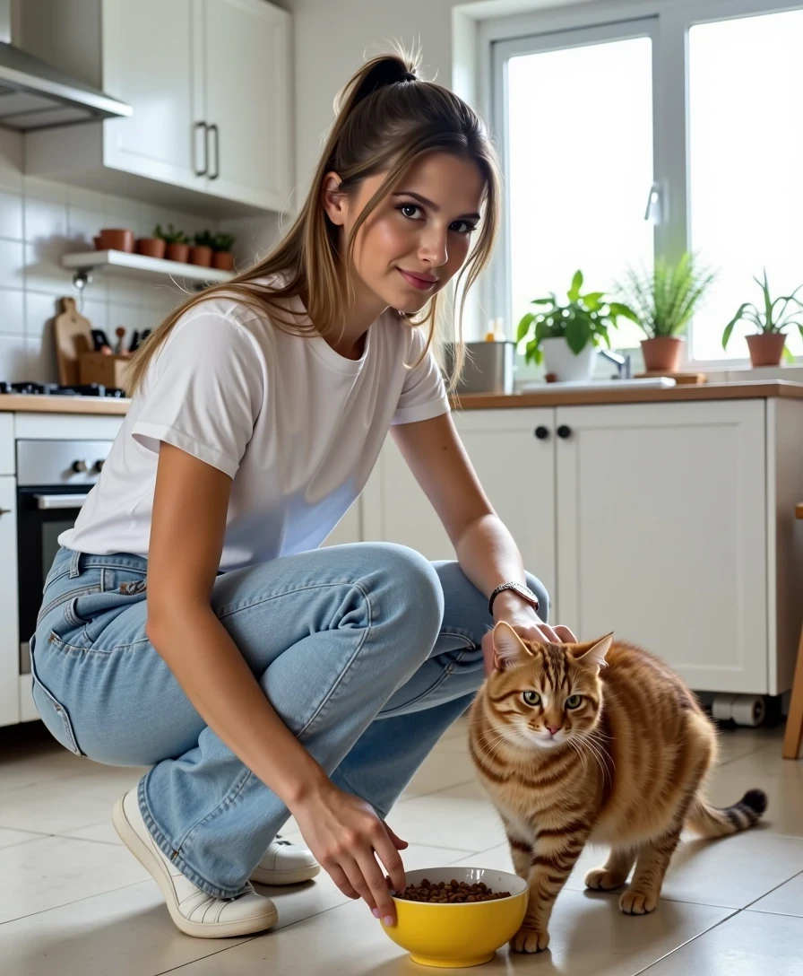 Full body lifestyle photo of a 21-year-old woman CSTMDL with hazelnut eyes, light brown hair in a loose ponytail, fully toned skin, and big full symmetrical lips. She is wearing a casual cozy outfit: light blue jeans and a simple white t-shirt. She is in a modern kitchen, kneeling down with a warm smile while placing a bowl of food for her cat. A fluffy domestic cat is standing near the bowl, looking up at her affectionately. 

The atmosphere is bright, homely, and natural, with soft daylight streaming through a nearby kitchen window, creating gentle highlights on her hair and skin. The background shows clean kitchen counters, plants, and subtle decor, slightly blurred to keep the focus on her interaction with the cat. 

The composition is a full body shot, framed to capture both her and the cat in the scene, emphasizing the warm bond between them. Technical aspects: DSLR 35mm lens look, natural daylight, shallow depth of field with soft bokeh background, sharp focus on her and the cat, HDR, ultra photorealistic, professional photography, highly detailed, 8k high definition, Instagram lifestyle style.
Sharp focus on facial features, High dynamic range, 85mm lens look , 
