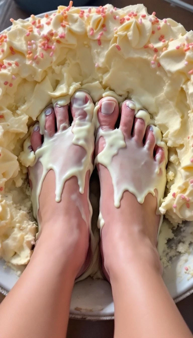 A boring low quality snapchat photo circa 2012, a closeup photo of a young woman's feet, dipped into a smashed vanilla cake with sprinkle frosting , the cake is between her toes and he feet have icing on them up to her ankles