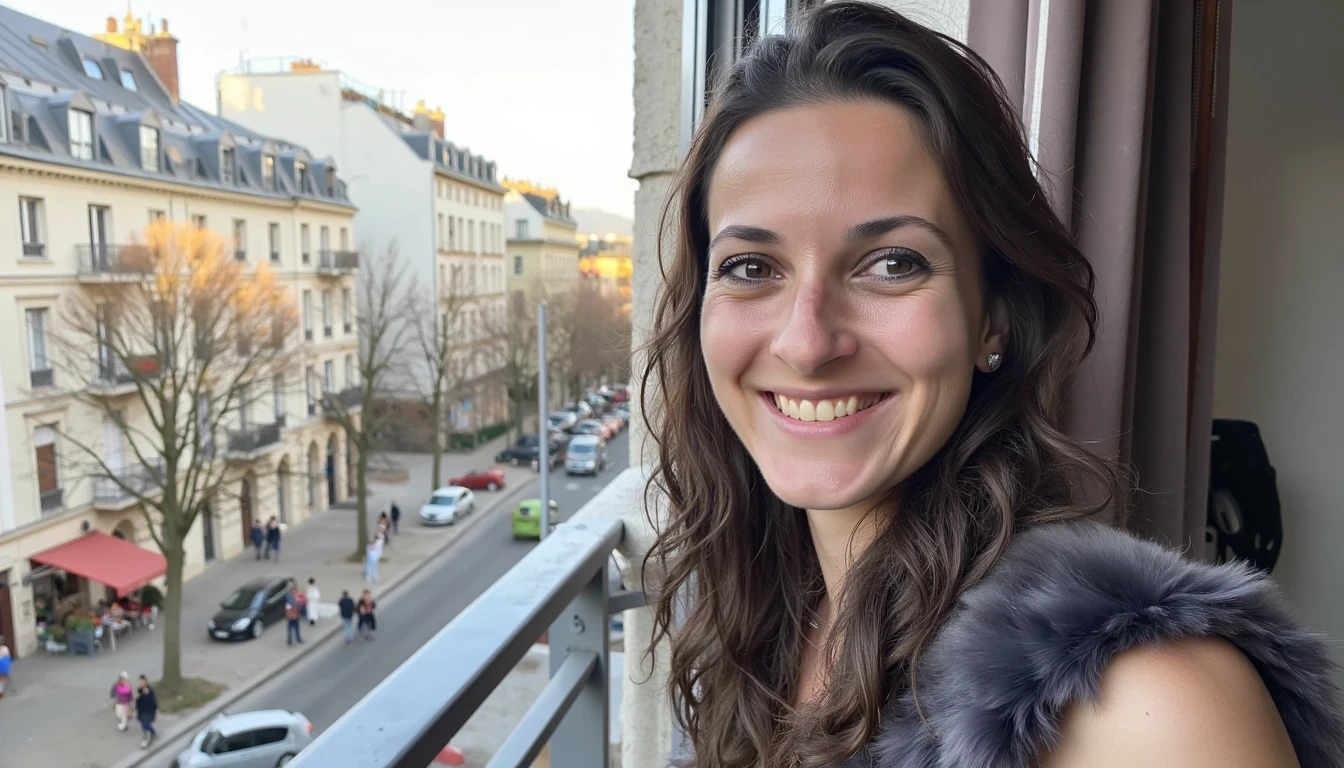 boring low quality snapchat photo circa 2020, A young woman with a warm smile, sitting on the balcony. She has soft, wavy brown hair cascading past her shoulders. The sunlight streams through the window, casting a gentle glow on her face, showing one puffy tit. The background outside is Paris street full of people