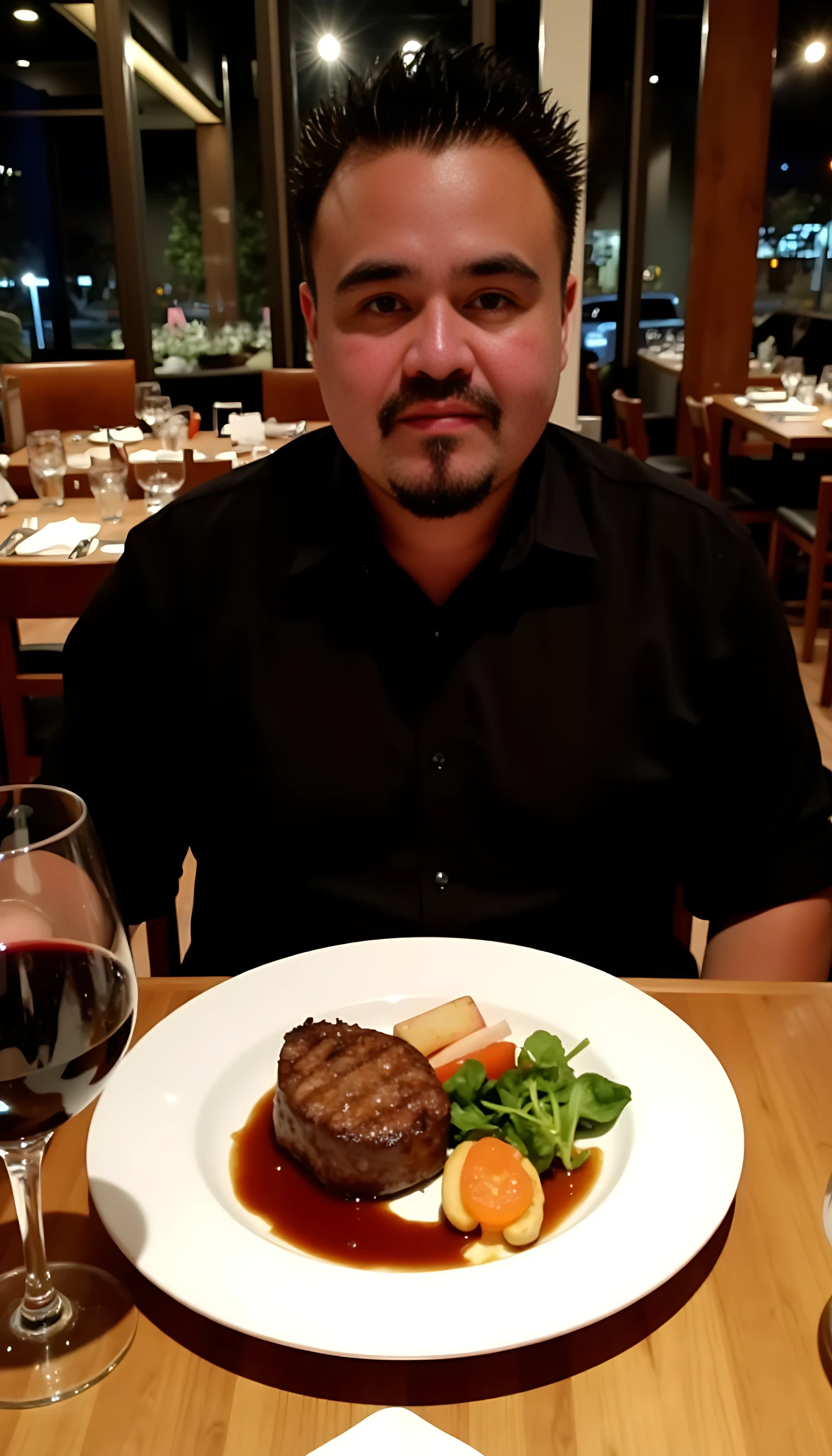 Man average body wearing a  black dress shirt seating on a table of fancy restaurants with low lights  with a plate of steak and vegetables  and a glass of wine 