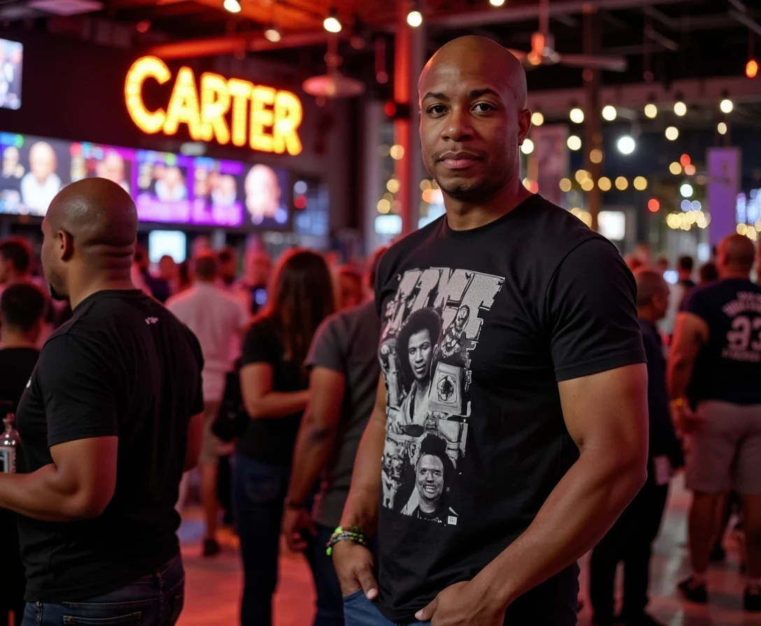 Vegas party , t shirt and jeans,  same face of Carter with bald head, lean look, cstmdl