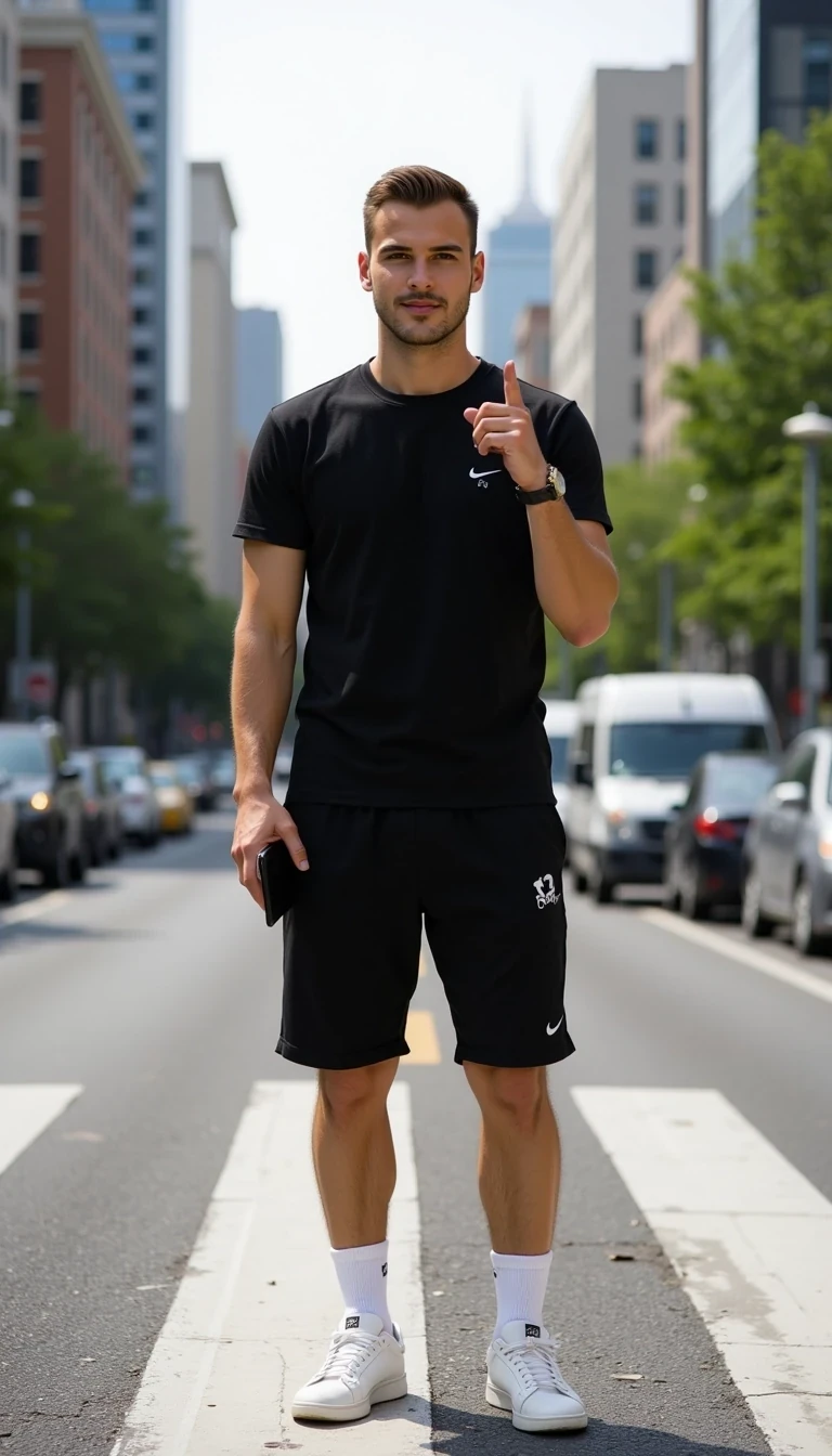 Photorealistic full-body photo of a young handsome man standing on a city crosswalk in daylight, positioned slightly sideways to the photographer. He has a stylish short haircut, light stubble, athletic build, and is wearing a fitted black short-sleeve T-shirt and black shorts in a modern ZARA style, with white socks and clean white sneakers. In his left hand he casually holds an iPhone 16 Pro Max, while with his right hand he points directly toward the camera with a playful gesture. He is laughing with a bright, natural smile. Urban city background with blurred traffic and buildings, lifestyle influencer aesthetic, cinematic realism, ultra-detailed, 8K
The photo feels cinematic, influencer-style, high quality, professional composition.
Well lit picture, Style: Photorealistic Lighting: studio lighting 
Details: Bright Lighting, High Detail, 4K
he stand infront of camera , photoghraped by a photograph
