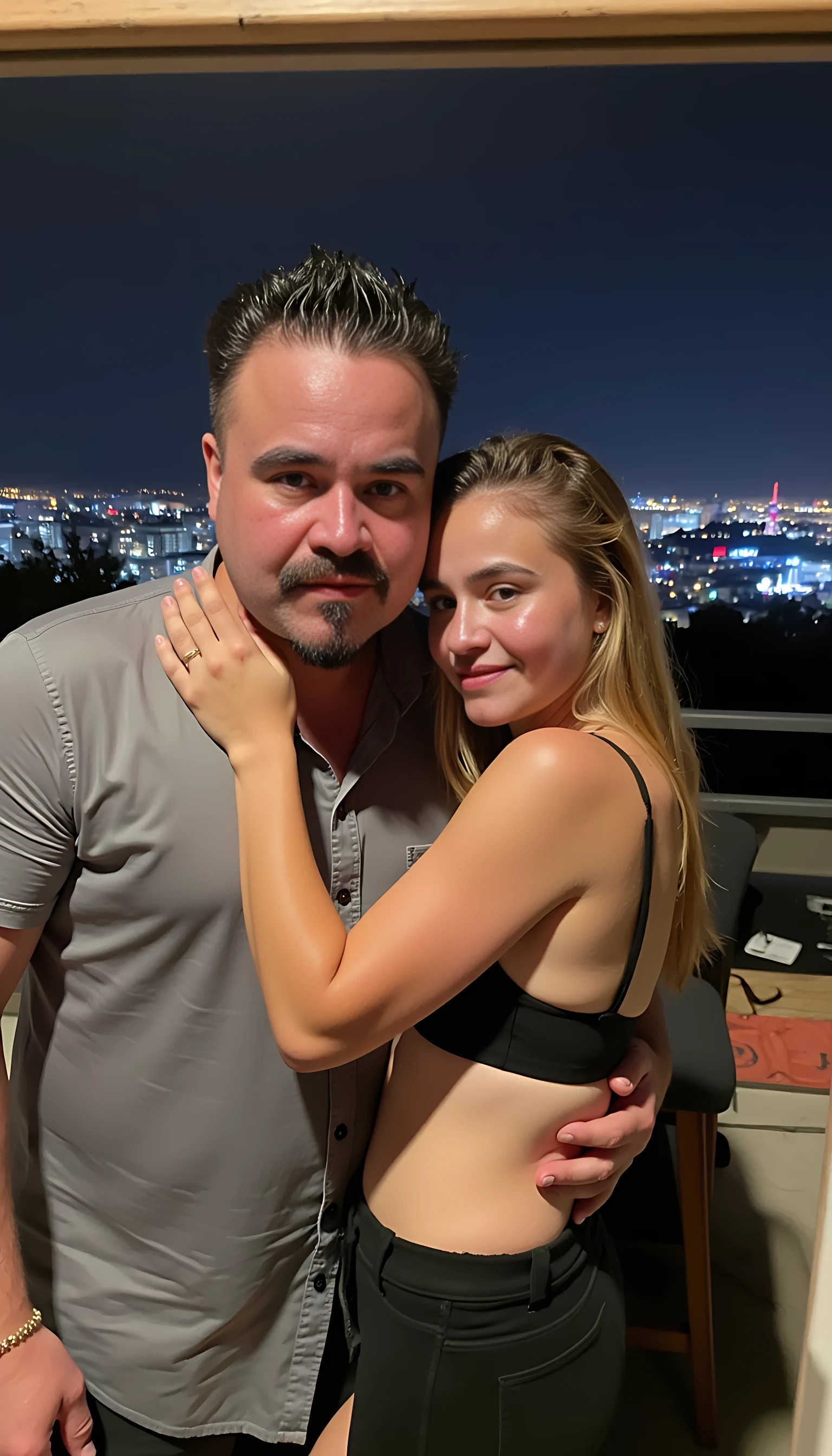 Selfie in a  mirror full man body wearing a  nice gray dress shirt   Hugging with 1 blonde girl with blue eyes and 1 Mexican girl in a  big city night lights background 
