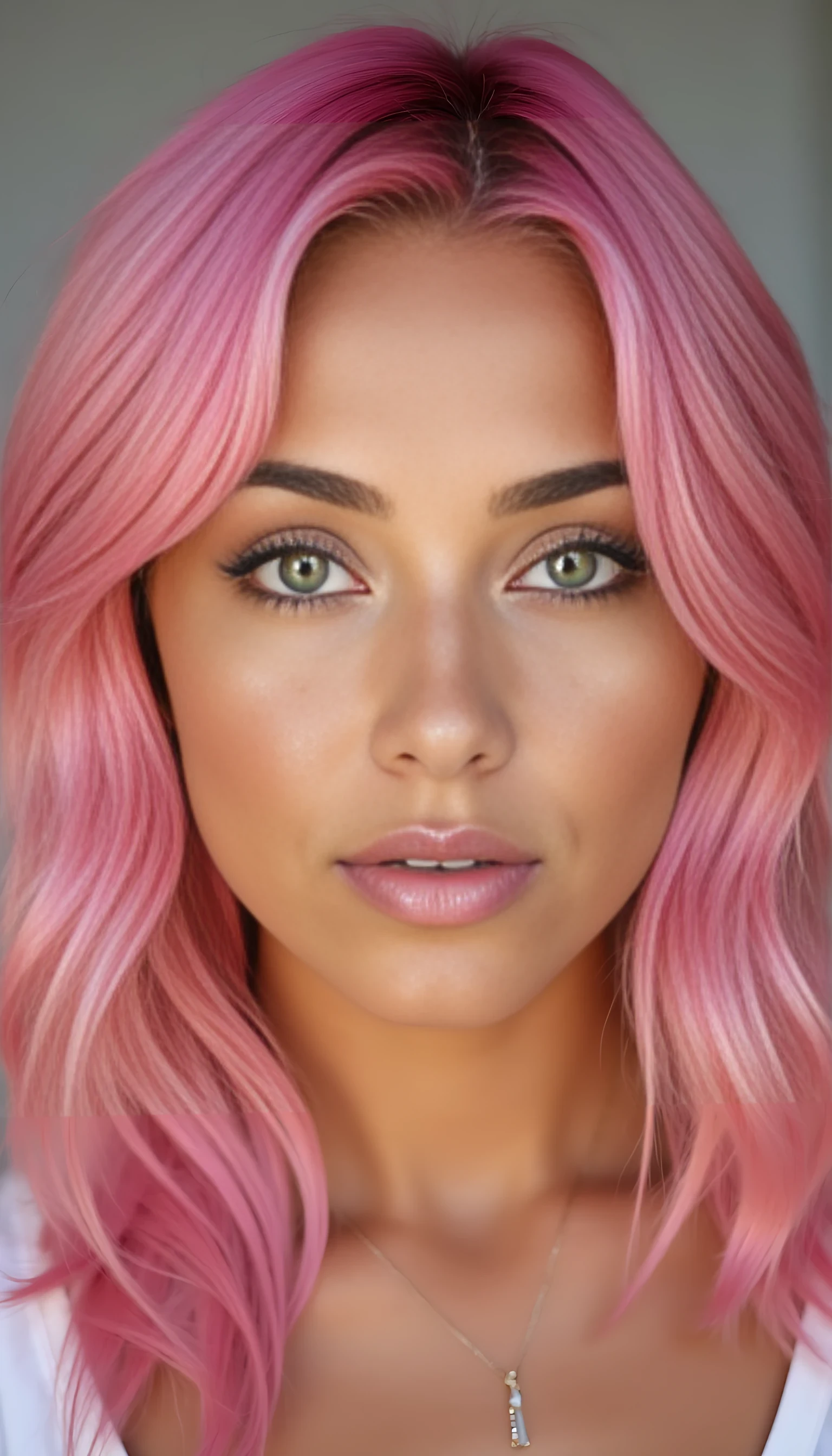 A studio-quality full-face portrait photo of a beautiful 20 years old model, mixed ethnicity of half white American half Brazilian, with pink hair, ultra detailed green eyes with sharp iris reflections, slight smile, high-quality