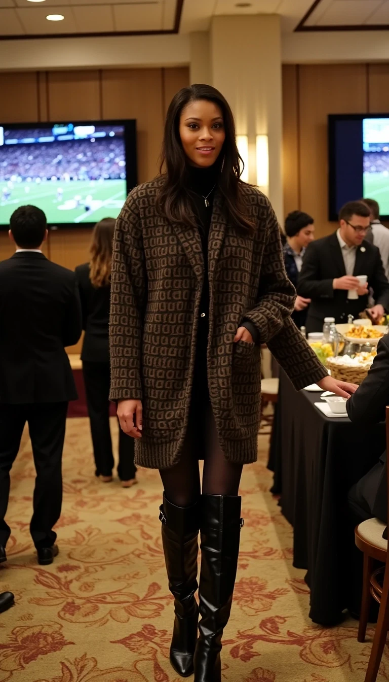 Game-Day Luxe
Shot on Nikon Z9, 50mm f/1.4, ISO 1600, 1/320 sec. Private suite candid. Model in Fendi monogram cashmere, Saint Laurent boots. Natural skin texture under suite lighting. Background: Catering staff, luxury snack spread, multiple TV screens showing game. Celebrity guests in soft focus.
 CSTMDL