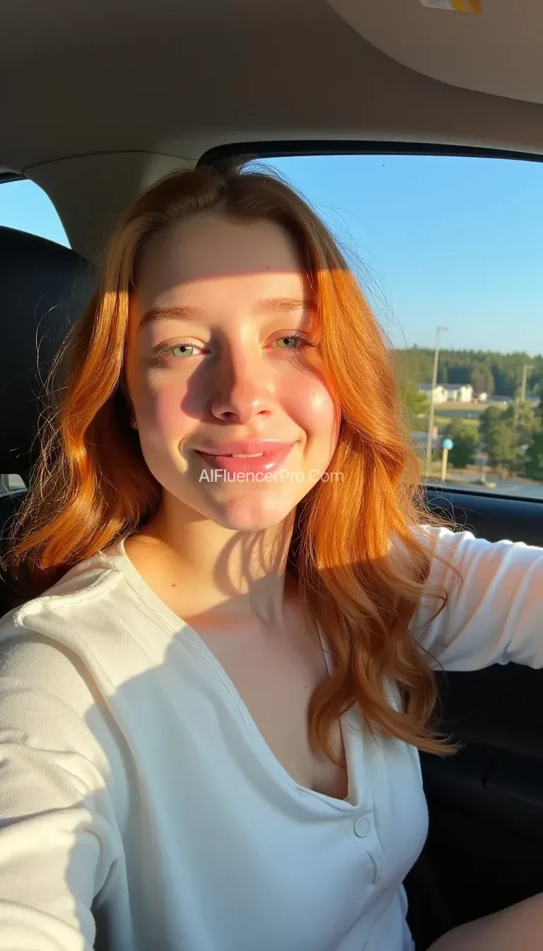 boring low quality snapchat photo circa 2000, A young teen with ginger hair, sitting in the driver's seat of a cozy car. She has soft, wavy long ginger hair, green eyes and freckles. She resembles christina ricci, The sunlight streams through the window, casting a gentle glow on her face and her thin white shirt revealing her soft skin beneath. The interior of the car is neat and comfortable, with a coffee cup in the cup holder and a small plant on the dashboard. The background outside the window shows a scenic road lined with trees and blue skies