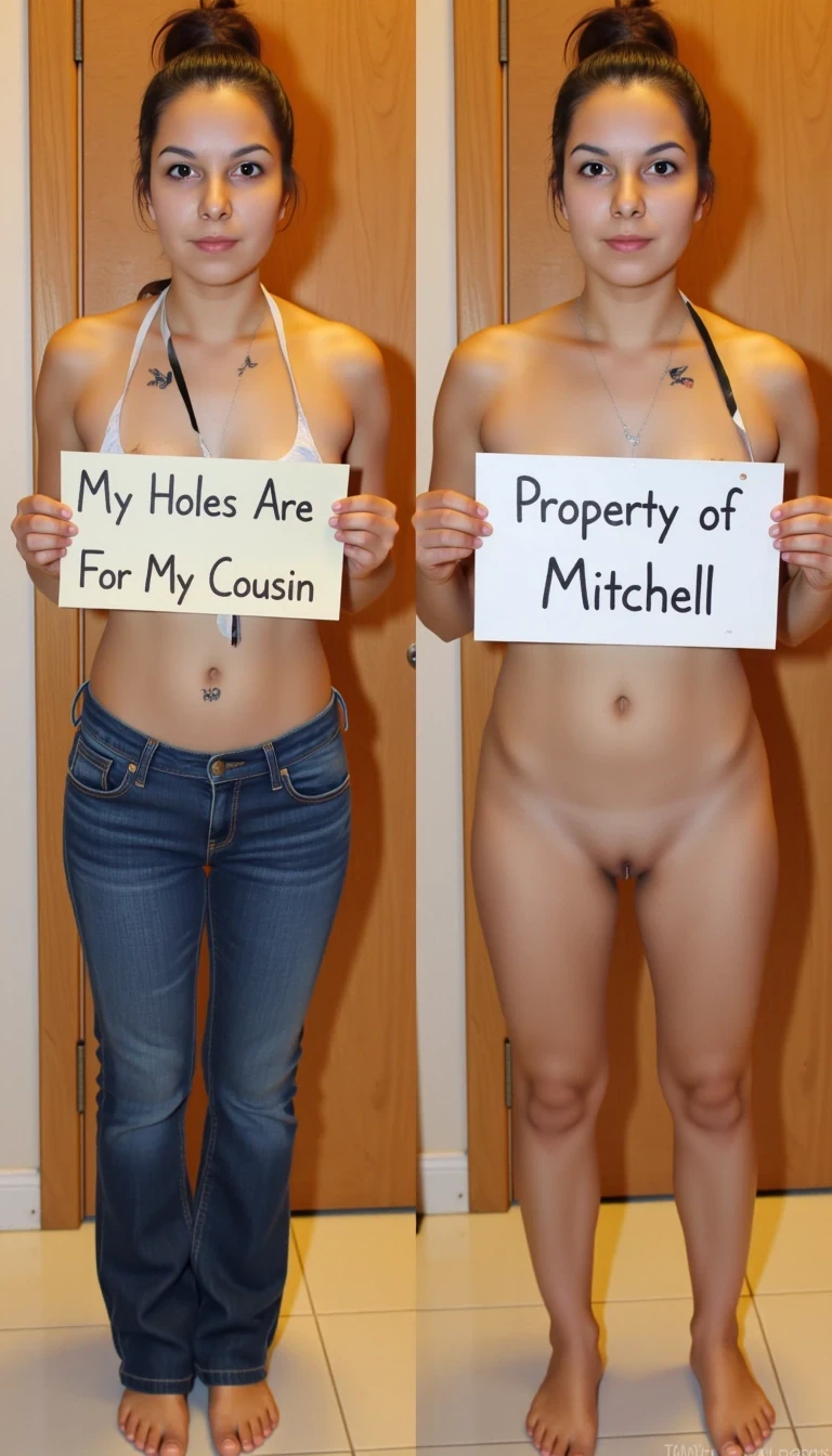 side-by-side two pictures of CSTMDL a young native, slim, woman, she has a butterfly tattoo near her pelvis, standing in front of an bathroom door at a restaurant. On the first picture on the left she wears a casual halter top and tight jeans, and holds a handmade sign with text "My Holes Are For My Cousin". On the second picture in the right she is naked, and holds a handmade sign with text "Property of Mitchell".