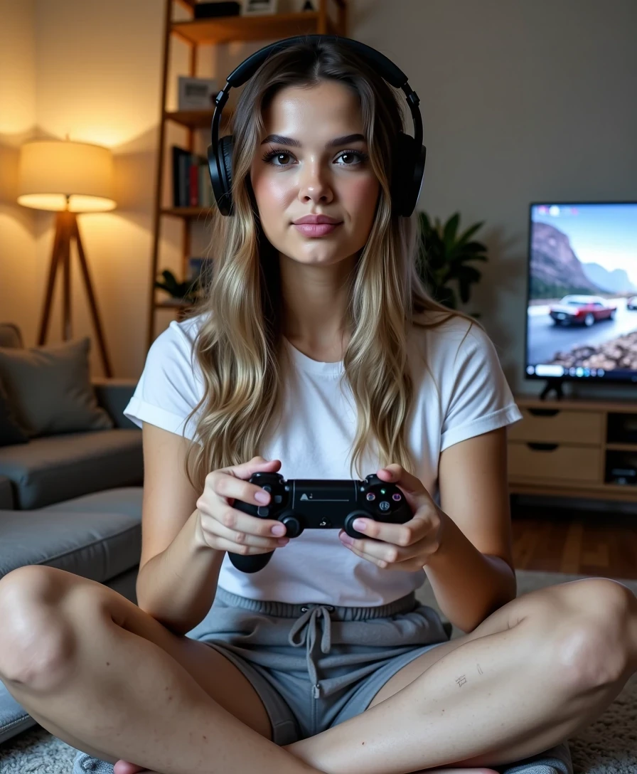 Full body lifestyle photo of a 21-year-old woman CSTMDL with hazelnut eyes, light brown wavyhair , fully toned skin, and big full symmetrical lips. She has no makeup, showing pure natural beauty, and is smiling with focus while playing video games on a PlayStation. She is wearing a casual outfit: short grey sweatpants and a fitted white t-shirt, paired with modern over-ear gaming headphones. 

She is sitting cross-legged on a stylish sofa in a cozy modern living room, holding a PlayStation controller in both hands. The TV screen casts a soft glow on her face, while warm ambient lighting from a floor lamp adds depth and atmosphere to the scene. The background includes subtle home details such as shelves with books and plants, slightly blurred to keep the focus on her. 

The composition is a full body shot, framed to capture her relaxed posture while gaming, with emphasis on her natural beauty and the casual lifestyle setting. Technical aspects: DSLR 35mm lens look, shallow depth of field with soft bokeh background, HDR, ultra photorealistic, professional photography, highly detailed skin, fabric, and gaming gear textures, 8k high definition, Instagram lifestyle style.

Sharp focus on facial features, High dynamic range, 85mm lens look