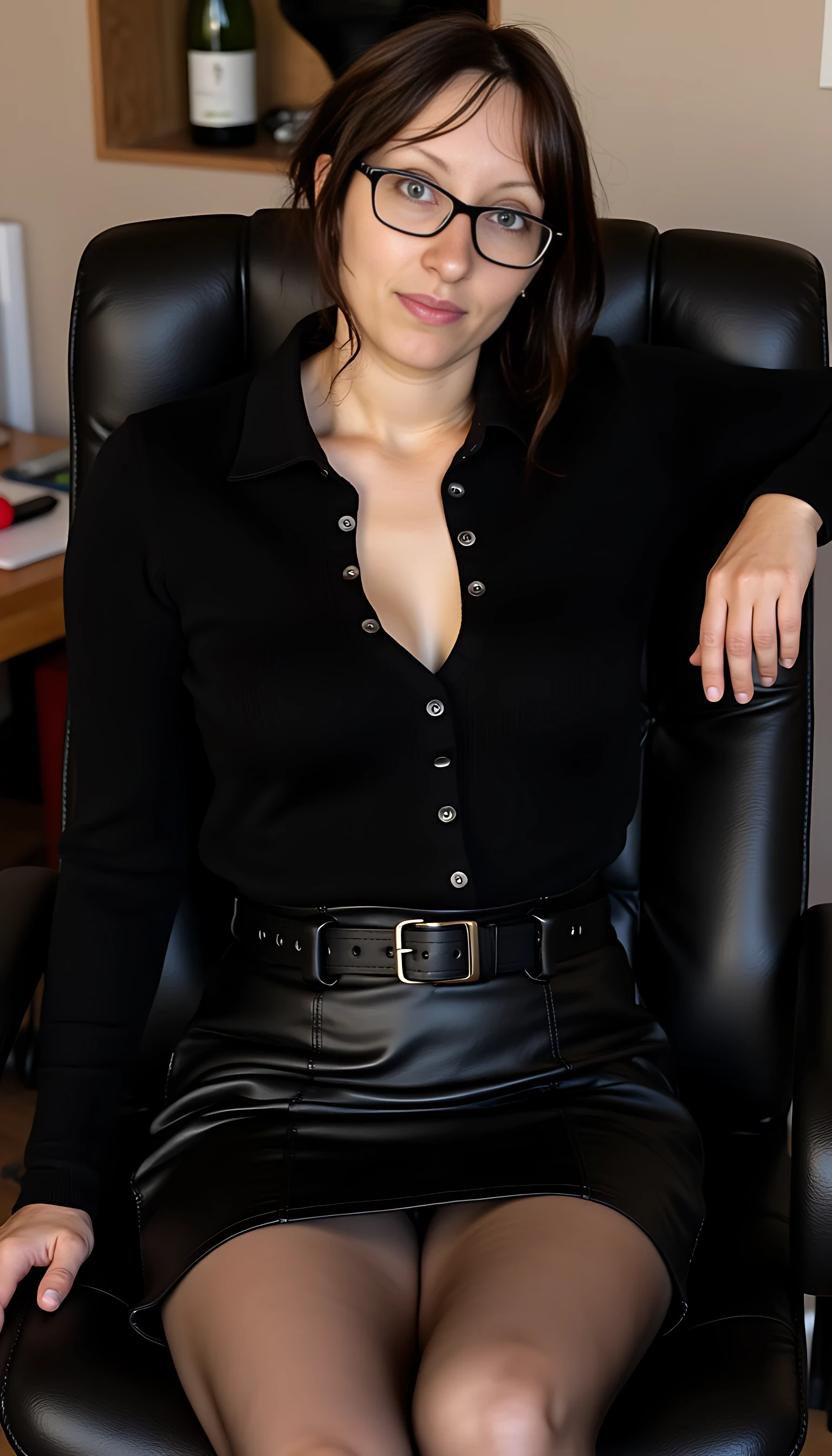 This is a highly detailed photography depicting a woman CSTMDL with fair skin, blue eyes and dark brown hair. She is seated on a black office chair, leaning slightly forward with her right hand resting on her knee and her left hand on the armrest. Her facial expression is calm and slightly contemplative, with her lips slightly parted and eyes looking directly at the viewer. She is wearing large, black-framed glasses that accentuate her delicate features.

Her attire includes a black, long-sleeved blouse that is buttoned up to the top, revealing a hint of cleavage and emphasizing her very large natural breasts. her enormous chest stretches the fabric of her top and molds her feminine shapes. She pairs the blouse with a high-waisted, black leather skirt that hugs her hips and midsection, accentuating her thin and athletic but yet curvy and plain feminine curves figure. The skirt is fastened with a black belt, adding to the sleek, professional look. She wears what appears to be thin, transparent black stockings. The stockings are attached with a garter belt whose only the fastener can be seen. she wears black high heels with red sole and heel. She also wears large, dangling earrings that add a touch of elegance to her appearance.

In the background, there is a white desk with a computer monitor and a pile of books and papers, indicating an office setting. The lighting in the image is soft, creating a warm and inviting atmosphere. The overall style of the artwork is realistic with a slight touch of hyper-realism, capturing fine details and textures with precision.
Photo (medium).