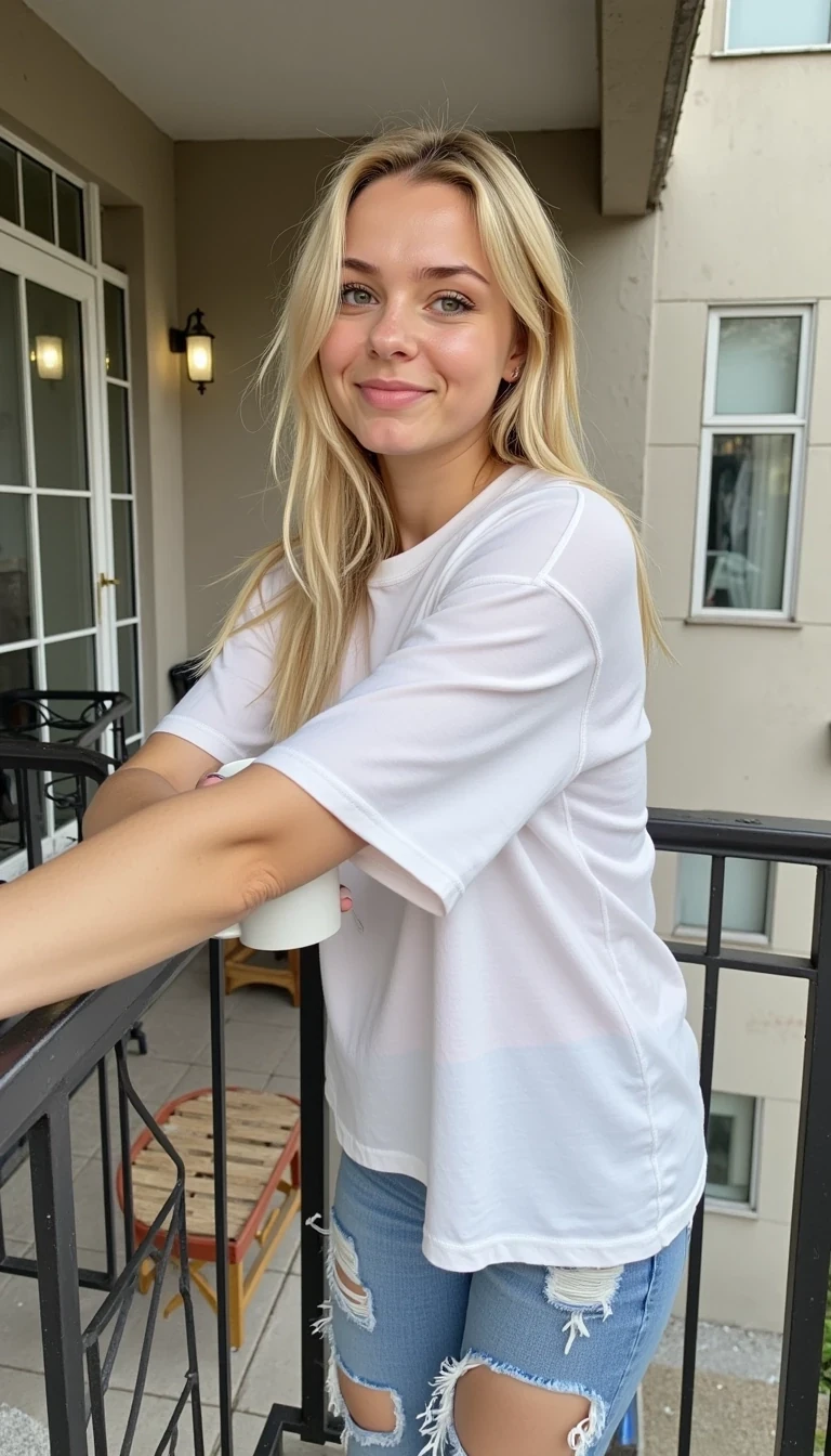 photo of woman CSTMDL,A casual photo in 2015 Snapchat quality vibe of CSTMDL model with blonde hair in an oversized t-shirt that slips off one shoulder. She leans on a balcony rail, coffee mug in hand, smiling at the lens with sleepy eyes. Very flirty vibe.
   