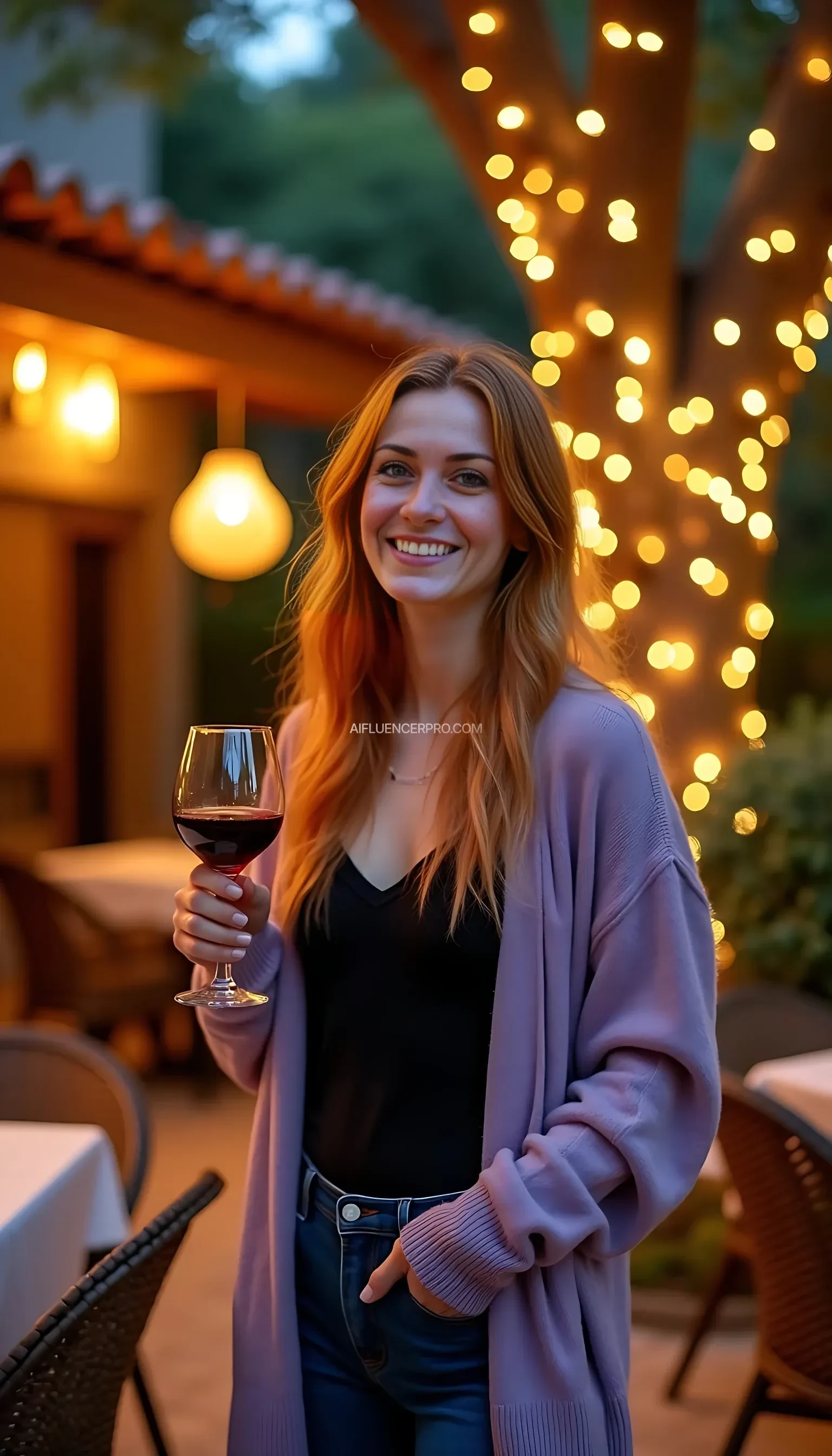 A full body shot photo of a woman standing outdoors at a cozy, warmly lit patio in the evening, with soft, glowing lights wrapped around a tree behind them creating a charming atmosphere. The image is rich in detail, with warm tones and clear textures throughout. The woman has fair skin, a slim build, and long reddish-blonde hair, also worn loose. She is smiling warmly at the camera, holding a glass of red wine in her right hand, and wears a soft-textured lavender cardigan over a black top. The background features a large tree with sparkling string lights wrapped around its trunk and branches, adding a magical touch to the scene. The setting suggests a private outdoor seating area, with elements like terracotta-tiled roofing, greenery, and rattan chairs contributing to a serene, inviting vibe. The overall composition is balanced, with the woman framed against the softly glowing tree, and the lighting enhances the warm, intimate feel of a quiet evening shared among friends. The details are vivid, with textures of clothing, skin, and background elements clearly visible, while the warm lighting creates a relaxed and joyful mood