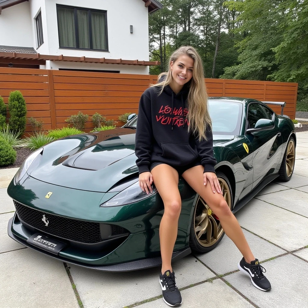 A photograph features a young woman with long soft blonde hair, a fit physique and tan skin, wearing a black hoodie with ‘LOUIS VUITTON’ written in red graphic writing, black shorts, and black-and-white sneakers. She sits on the hood of a dark green Ferrari 812 Competizione, one hand resting on her head, smiling. The car is parked in front of a massive luxury modern house with a wooden fence and lush greenery.