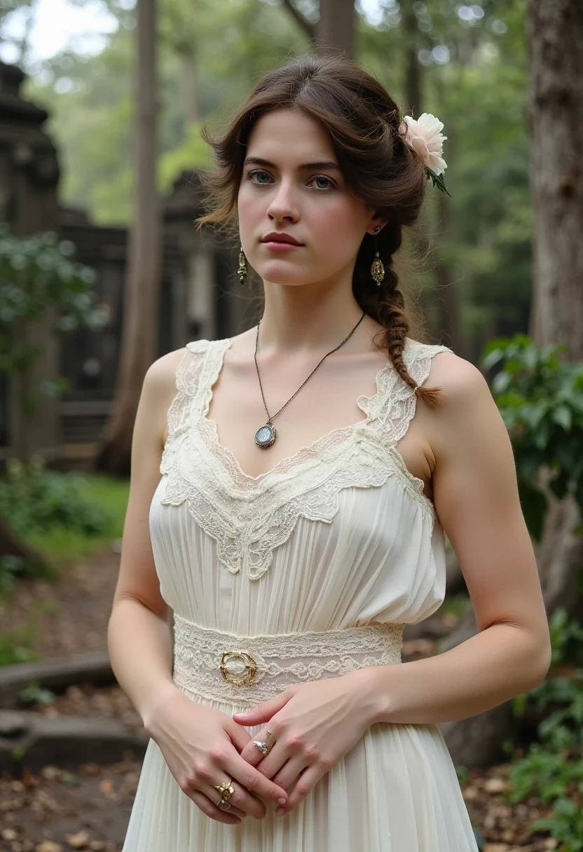 Medium shot of woman CSTMDL, brunette, small pendant, no watch, no ring, hair tied, blue eyes, vintage early 1900 white dress. Her dress is covering and chaste but reveals and highlights her very sexy and feminine curves. her hands are delicately crossed on her lower abdomen.
She’s working as an archaeologist at Angkor temple. Khmer ruins in the jungle are in the background 