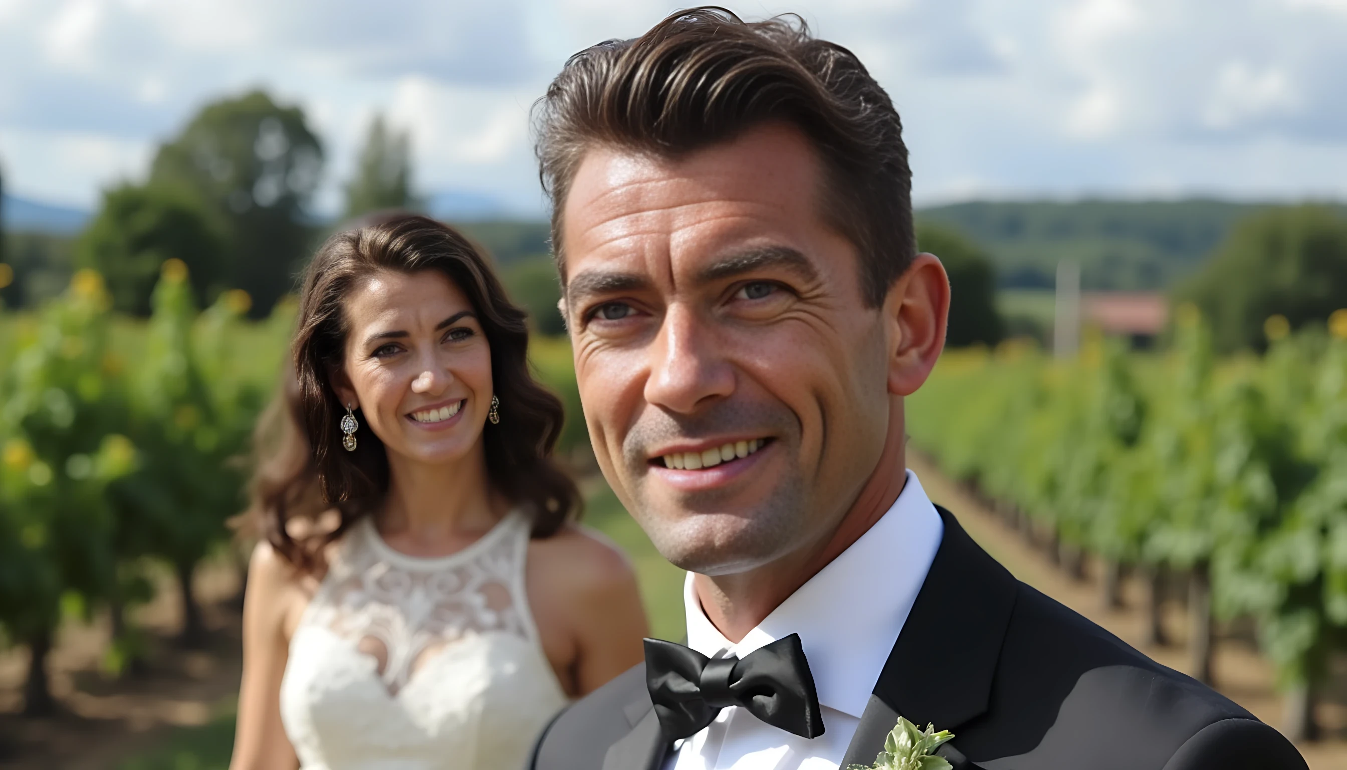 8K ultra detailed photography. The photo is a wedding photography of a 25 years old man CSTMDL, and is beautiful french brunette girl. Scene is in 2002. He's smiling, short black hair. He wears a wedding tuxedo. Scene is set in the middle of a wineyard