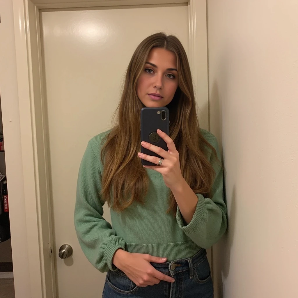 boring low quality snapchat photo circa 2015, cute woman, soft light brown hair, full outfit