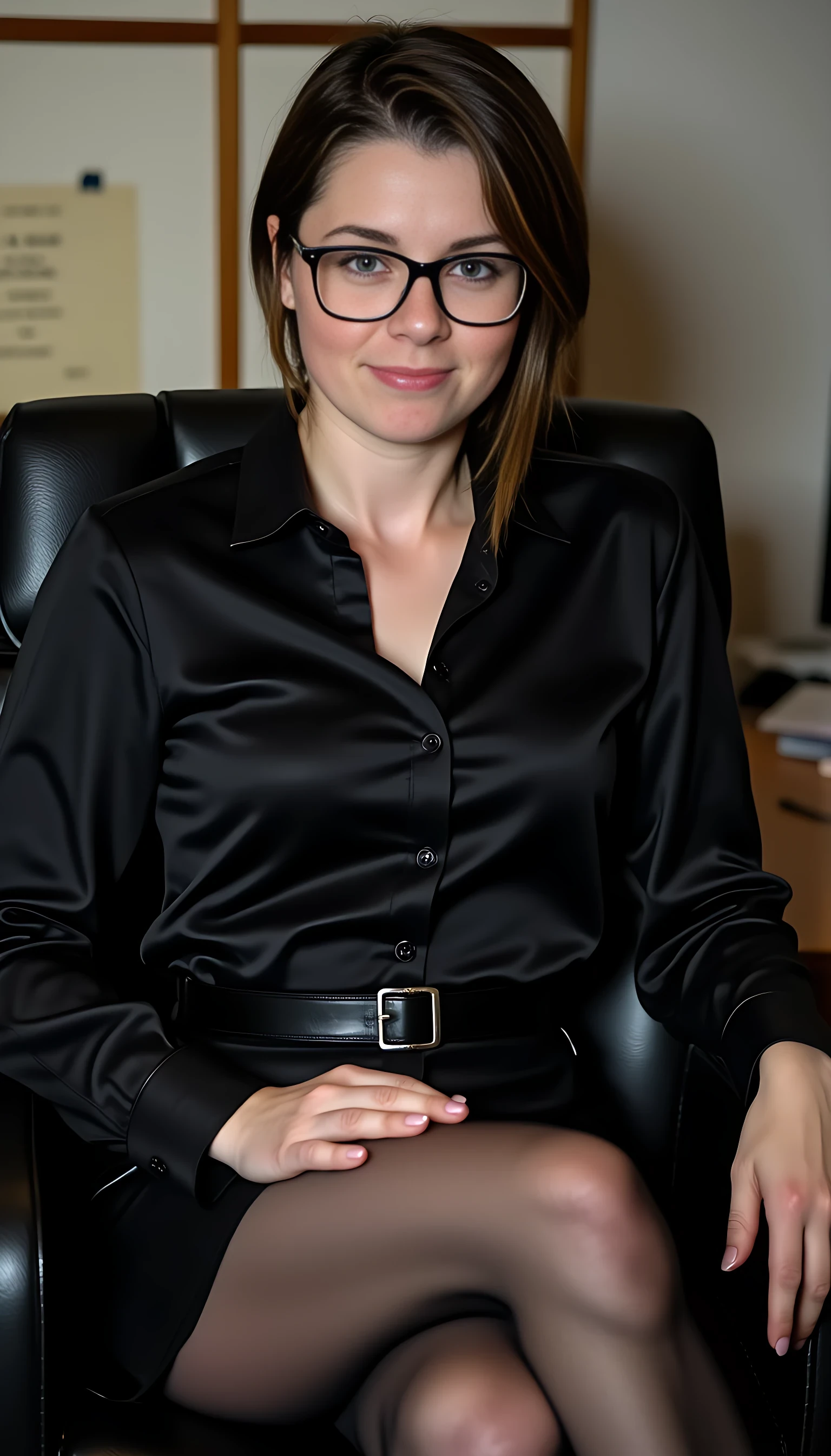 This is a highly detailed photography depicting a woman CSTMDL with fair skin, blue eyes and dark brown hair. She is seated on a black office chair, leaning slightly forward with her right hand resting on her knee and her left hand on the armrest. Her facial expression is calm and slightly contemplative, with her lips slightly parted and eyes looking directly at the viewer. She is wearing large, black-framed glasses that accentuate her delicate features.

Her attire includes a black, long-sleeved blouse that is buttoned up to the top, revealing a hint of cleavage and emphasizing her very large natural breasts. her enormous chest stretches the fabric of her top and molds her feminine shapes. She pairs the blouse with a high-waisted, black leather skirt that hugs her hips and midsection, accentuating her thin and athletic but yet curvy and plain feminine curves figure. The skirt is fastened with a black belt, adding to the sleek, professional look. She wears what appears to be thin, transparent black stockings. The stockings are attached with a garter belt whose only the fastener can be seen. she wears black high heels with red sole and heel. She also wears large, dangling earrings that add a touch of elegance to her appearance.

In the background, there is a white desk with a computer monitor and a pile of books and papers, indicating an office setting. The lighting in the image is soft, creating a warm and inviting atmosphere. The overall style of the artwork is realistic with a slight touch of hyper-realism, capturing fine details and textures with precision.
Photo (medium).