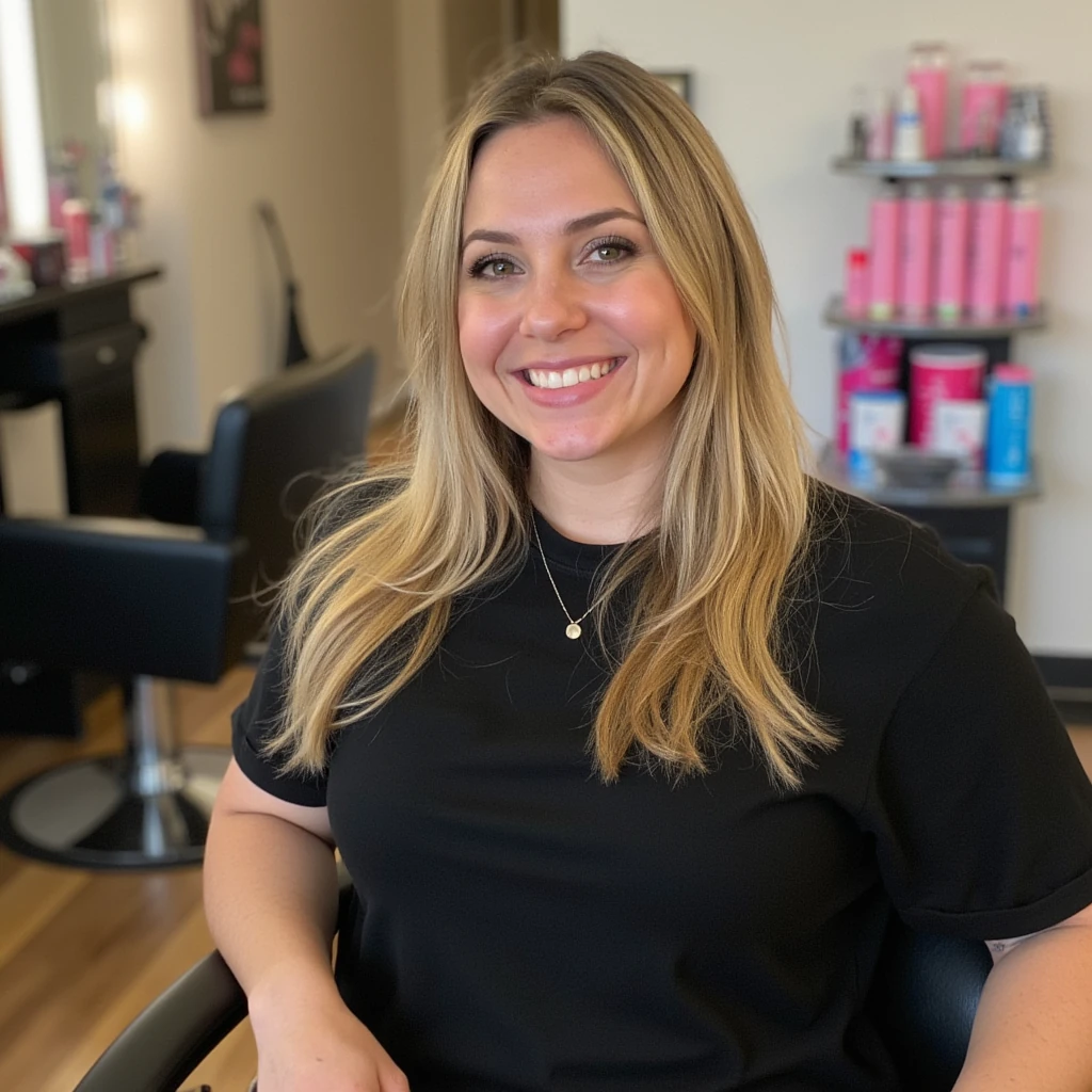 Amber sitting in a chair at a beauty salon 