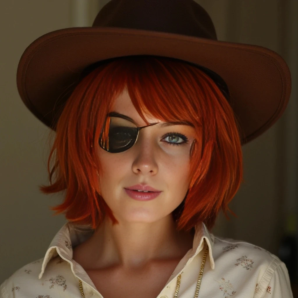 High quality photo Short silky red hair pixie wearing an eye patch over right eye and a brown Cowboy hat 