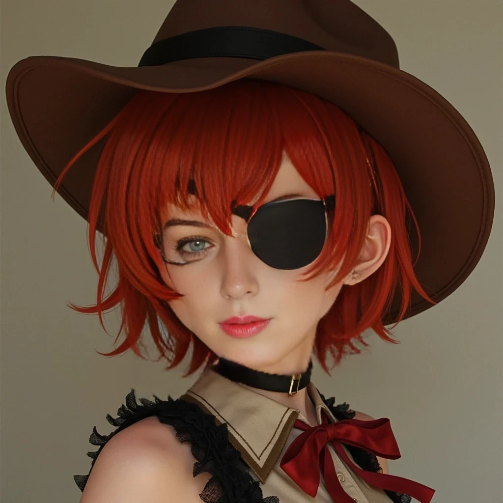 High quality photo Short silky red hair pixie wearing an eye patch over right eye and a brown Cowboy hat 