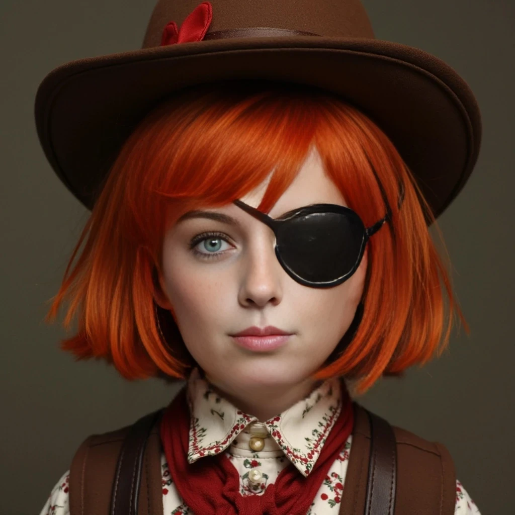 High quality photo Short silky red hair pixie wearing an eye patch over right eye and a brown Cowboy hat 