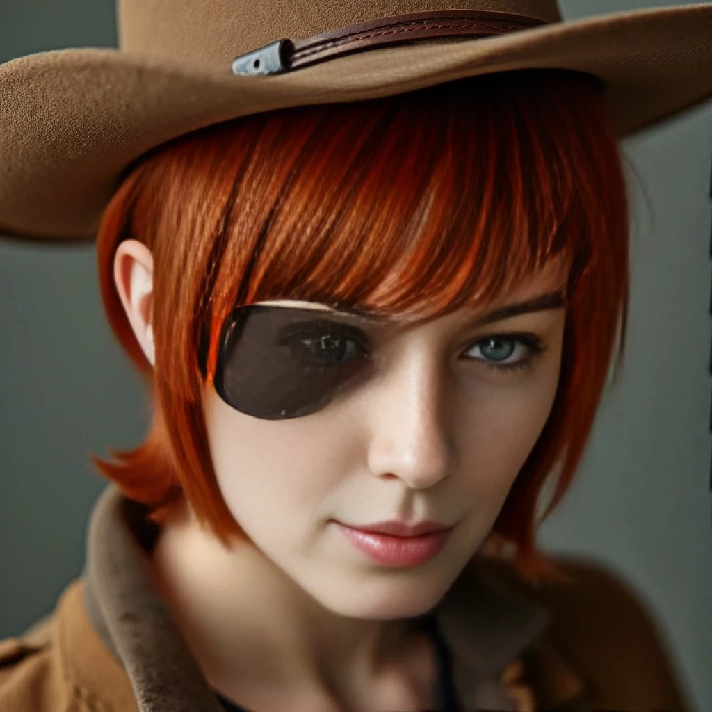 Highly quality photo Short silky red hair pixie wearing an eye patch over right eye and a brown Cowboy hat 