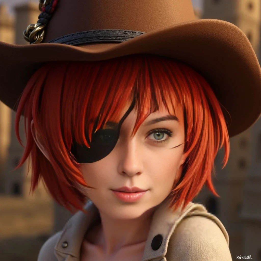Highly quality photo Short silky red hair pixie wearing an eye patch over right eye and a brown Cowboy hat 